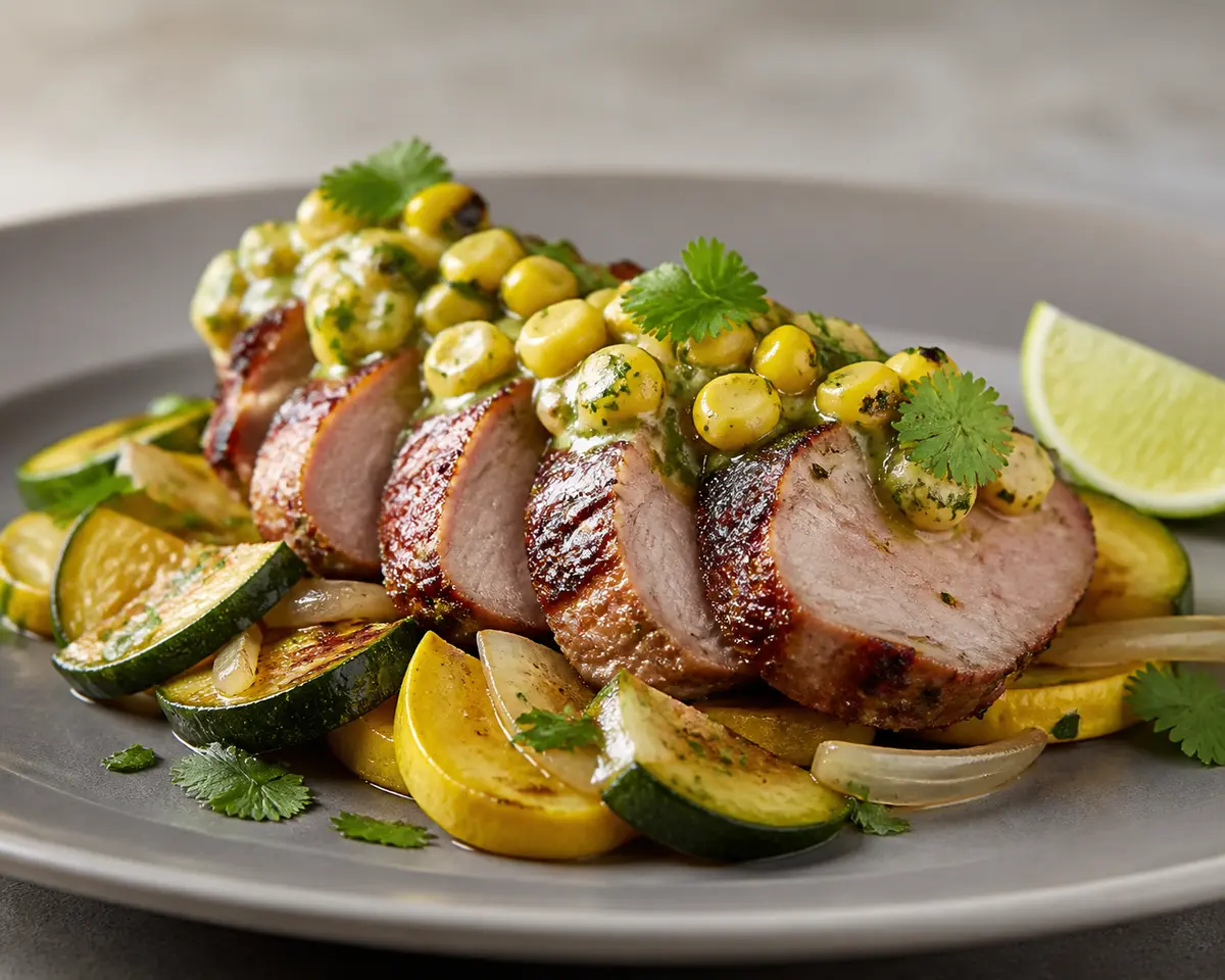 Solomillo de Cerdo con Salsa de Maíz Tostado, Lima y Cilantro sobre Calabacines Dorados