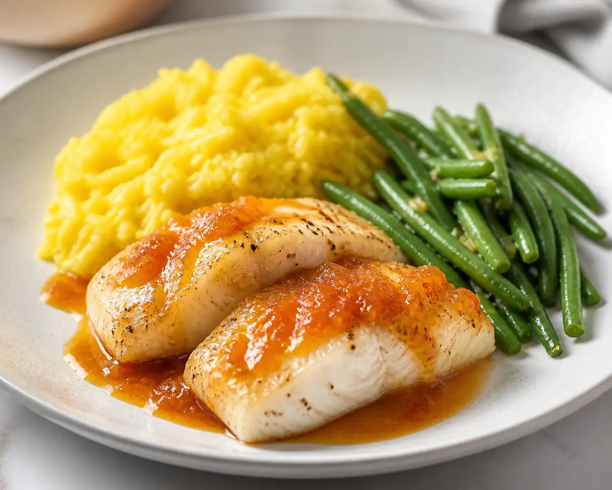Fish Fillet with Apricot-Ginger Glaze, Creamy Turmeric Coconut Rice, and Sautéed Green Beans