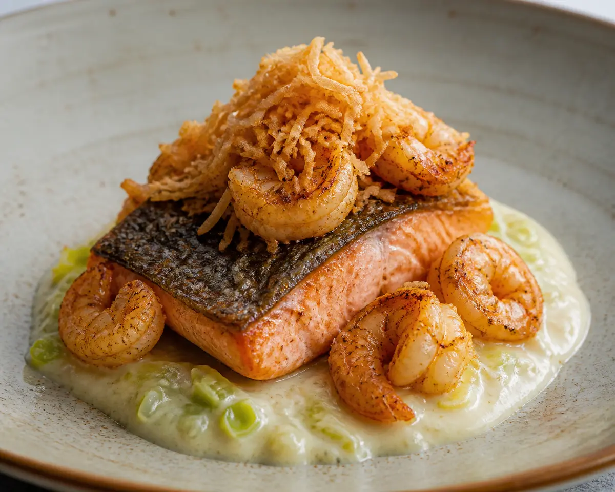 Salmon over warm leek-coconut cream with spiced shrimp and crispy jasmine rice