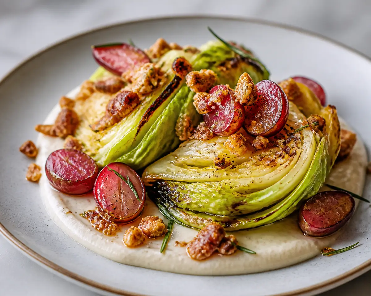 Lomos de col asada con crema de alubias cannellini al romero, uvas especiadas y migas crujientes de nuez