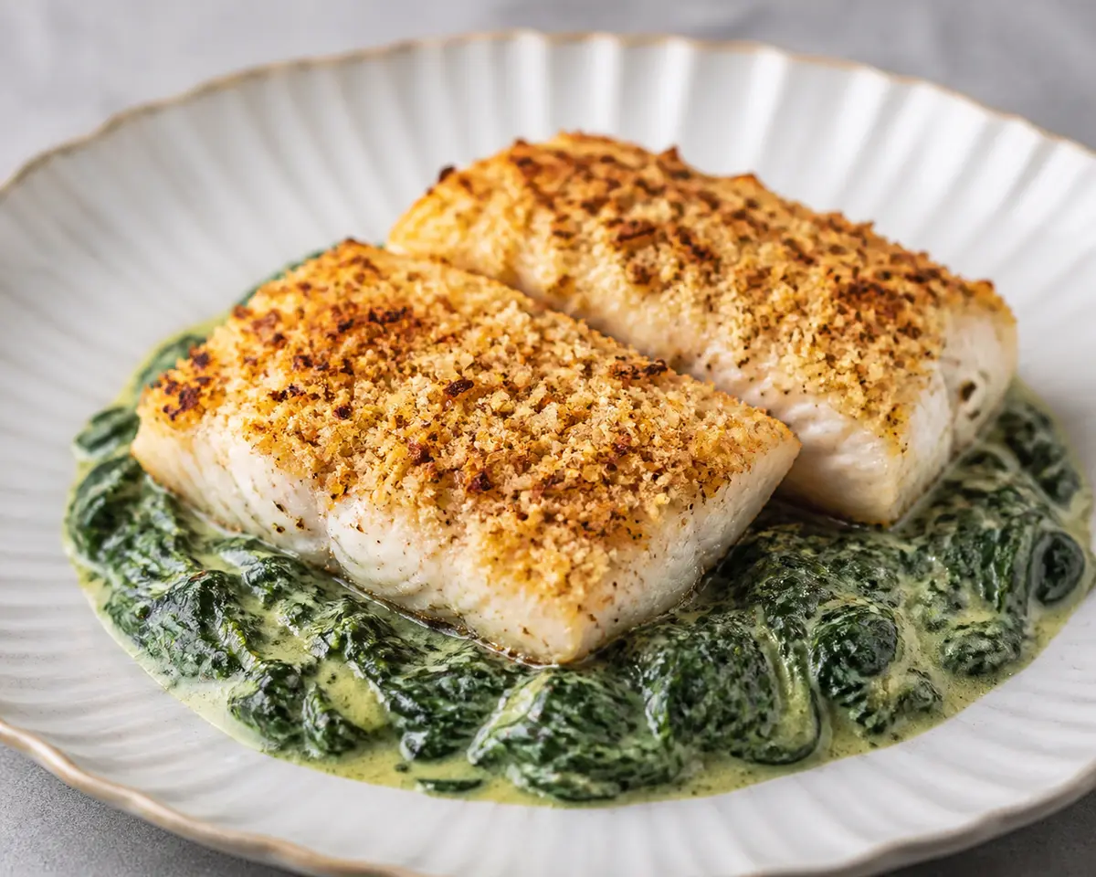 Keto Cod with Almond-Coconut Crust over Creamy Green Curry Spinach