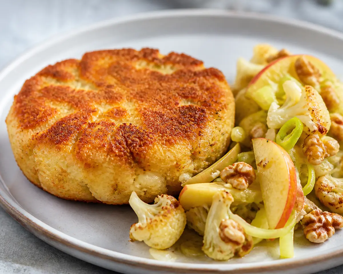 Crispy Cauliflower and Cheddar Skillet Cake with Warm Apple, Leek and Walnut Salad