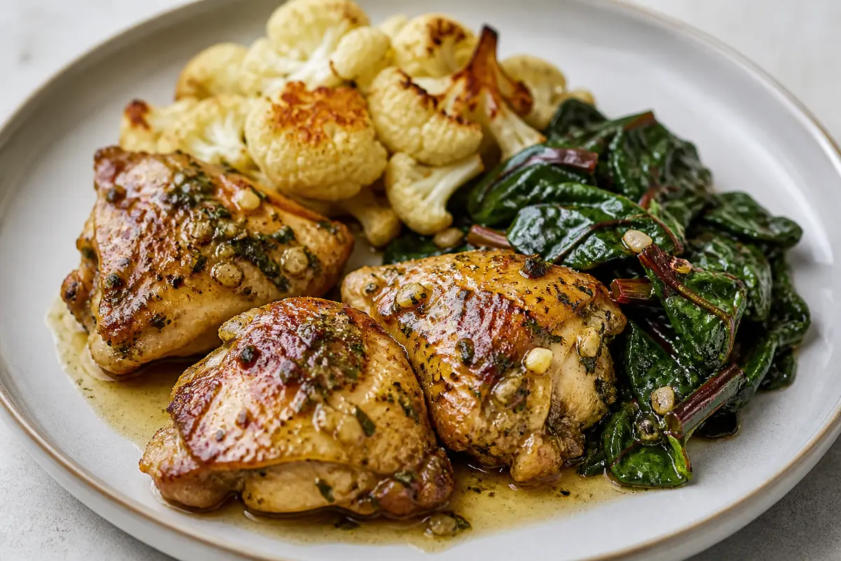 Lemon-Oregano Butter Glazed Chicken Thighs with Roasted Cauliflower and Sautéed Swiss Chard
