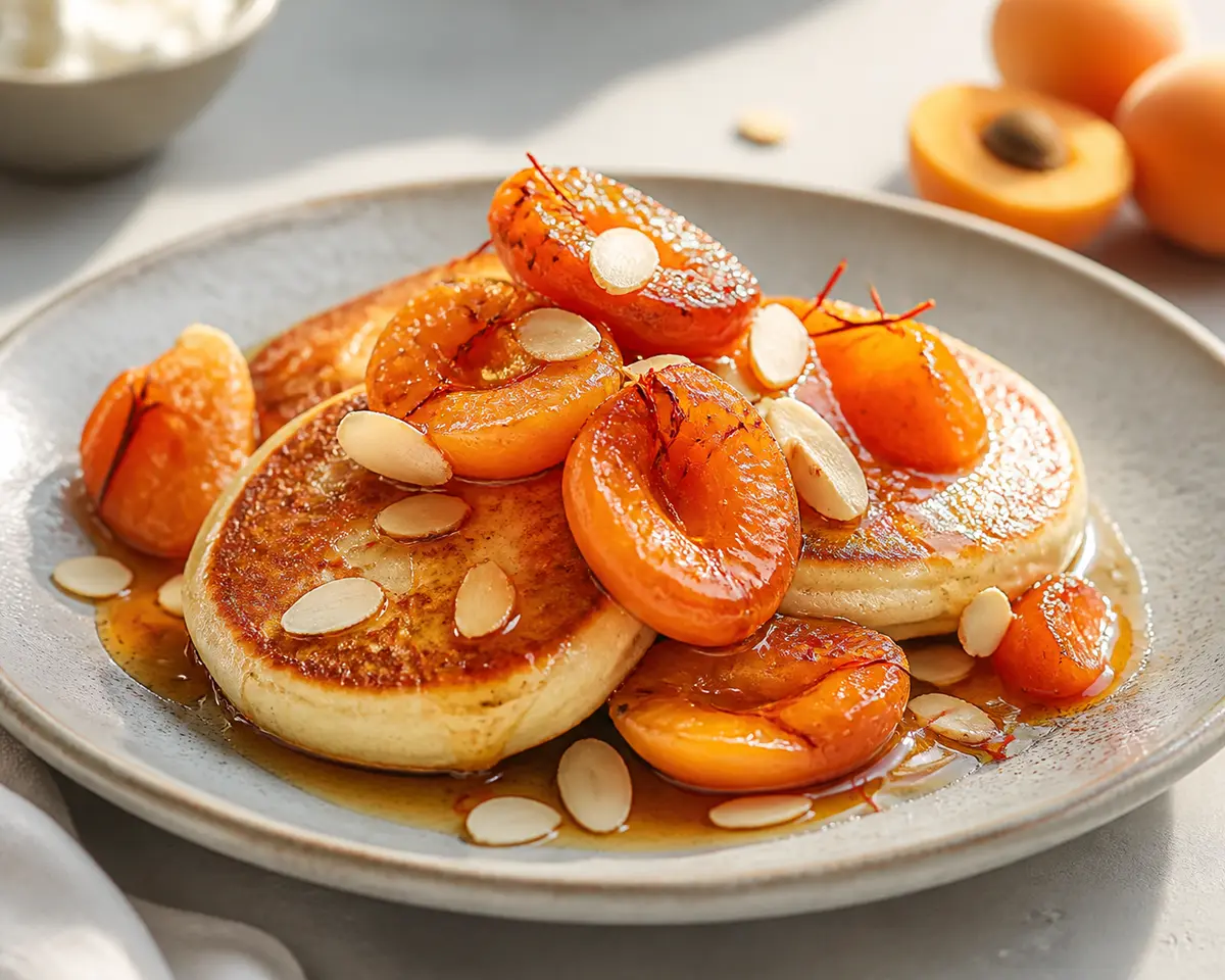 Semolina and Ricotta Pancakes with Saffron-Roasted Apricots and Almond Honey