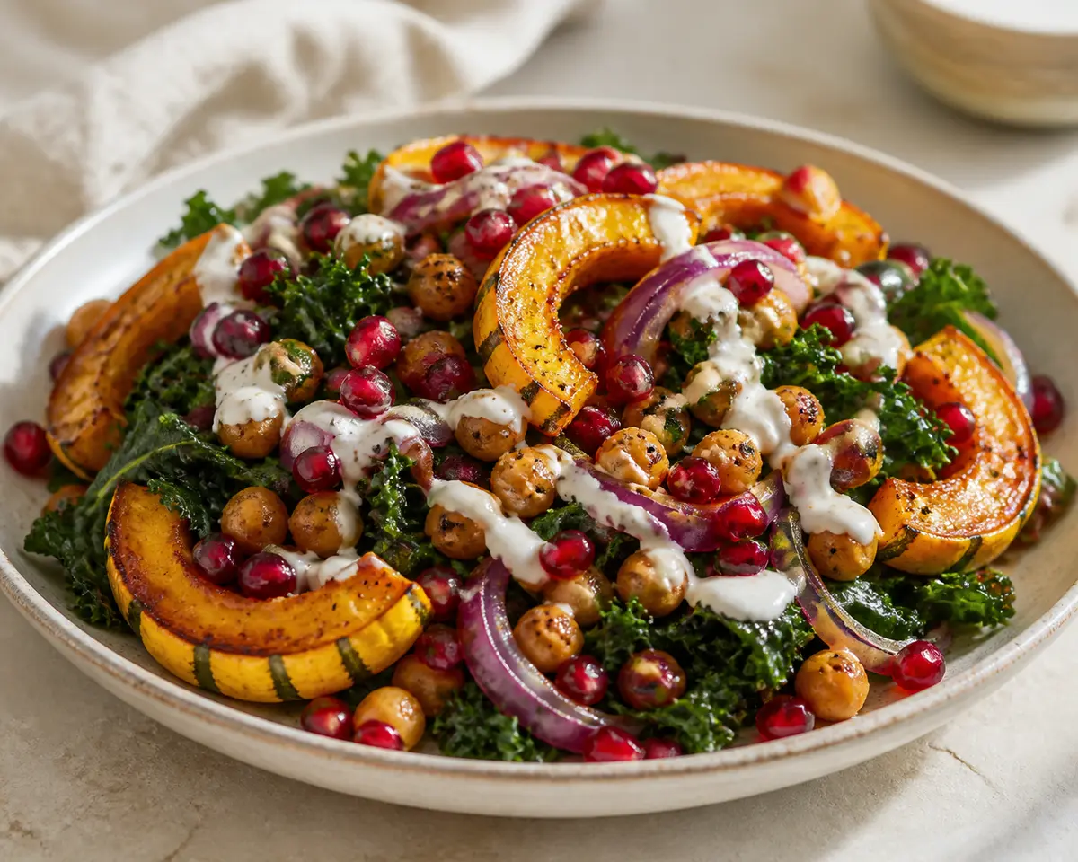 Warm Salad of Golden Chickpeas, Delicata Squash, Massaged Kale and Tahini Yogurt with Pomegranate