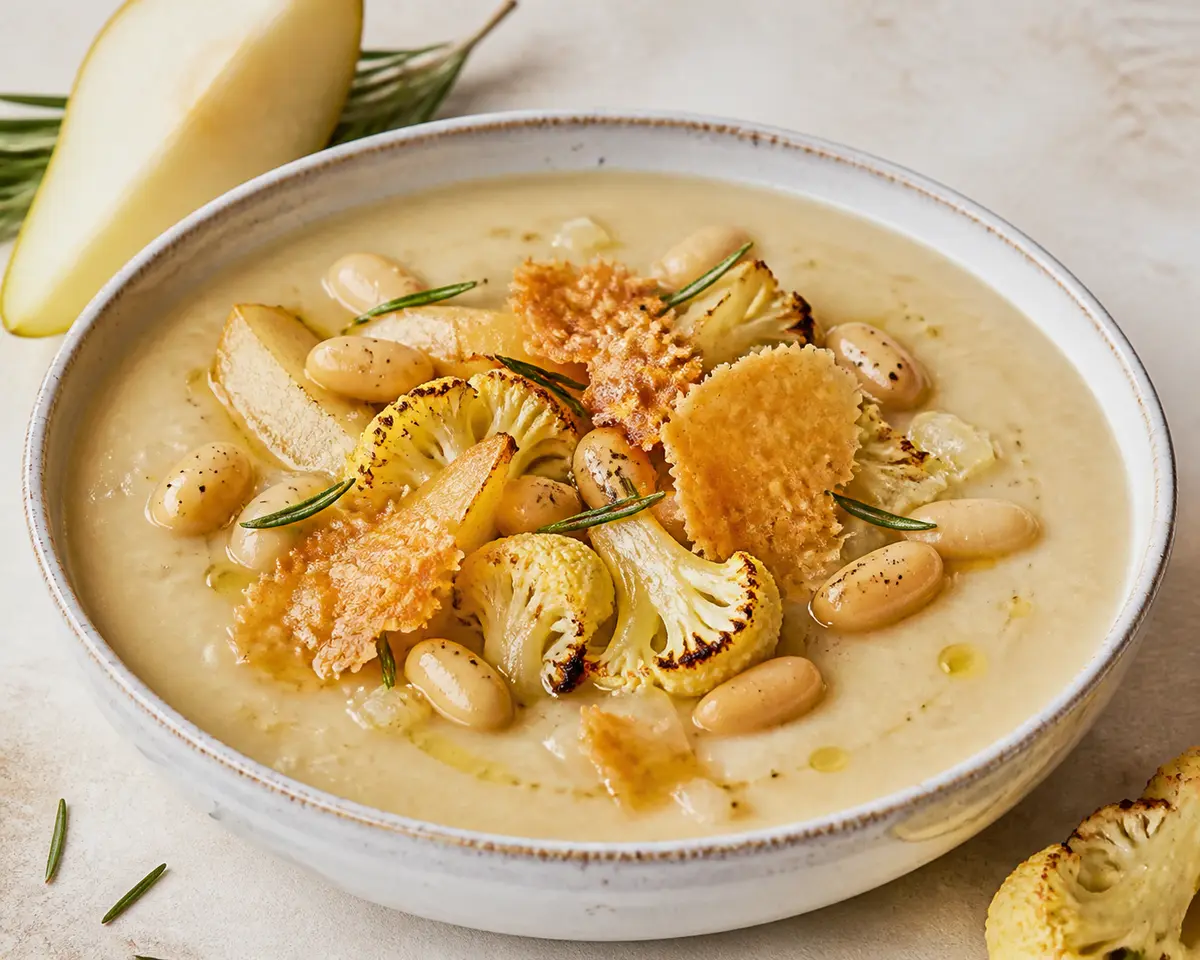 Sopa cremosa de coliflor dorada, pera y judías blancas con romero y topping crujiente de parmesano