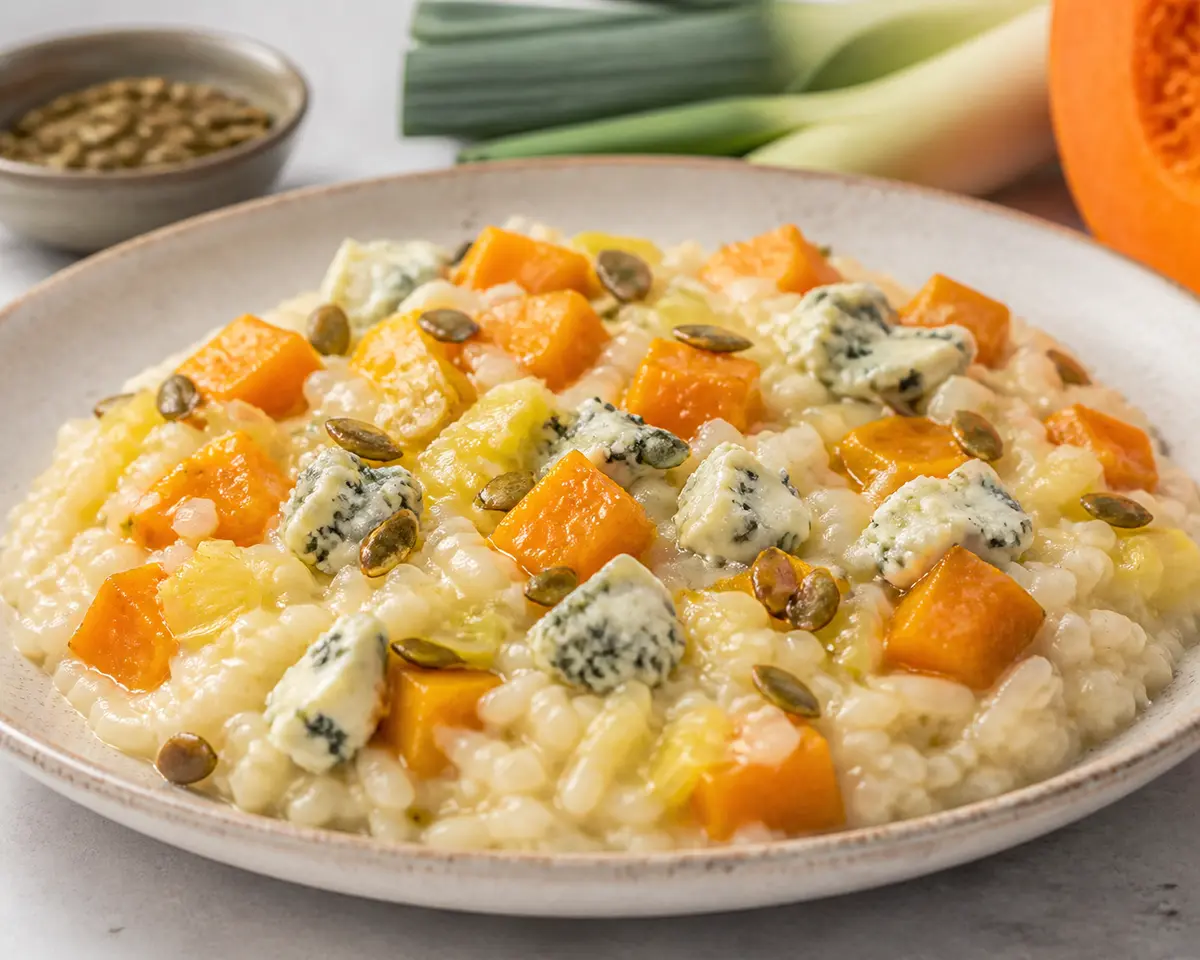Creamy rice with roasted pumpkin, softened leeks and mild blue cheese with spiced pepitas
