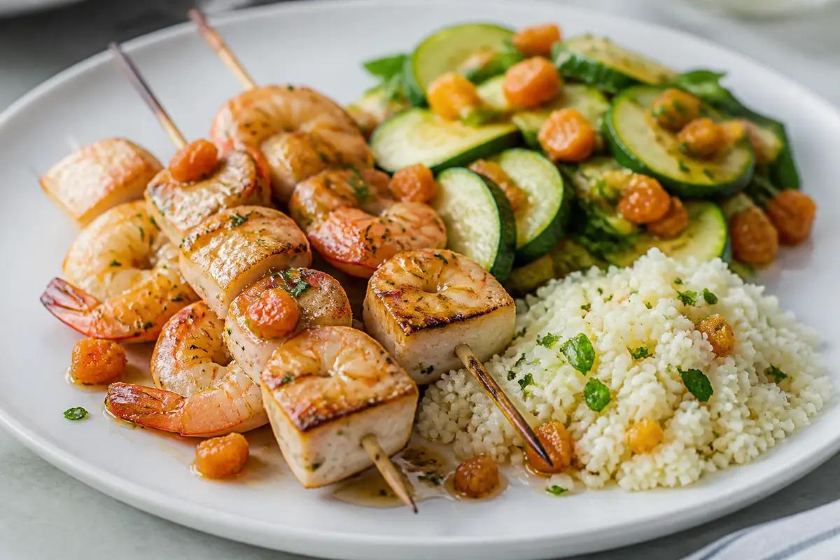 Brochetas de pez espada y gambas con glaseado de albaricoque y mostaza, ensalada tibia de calabacín y cuscús de coliflor