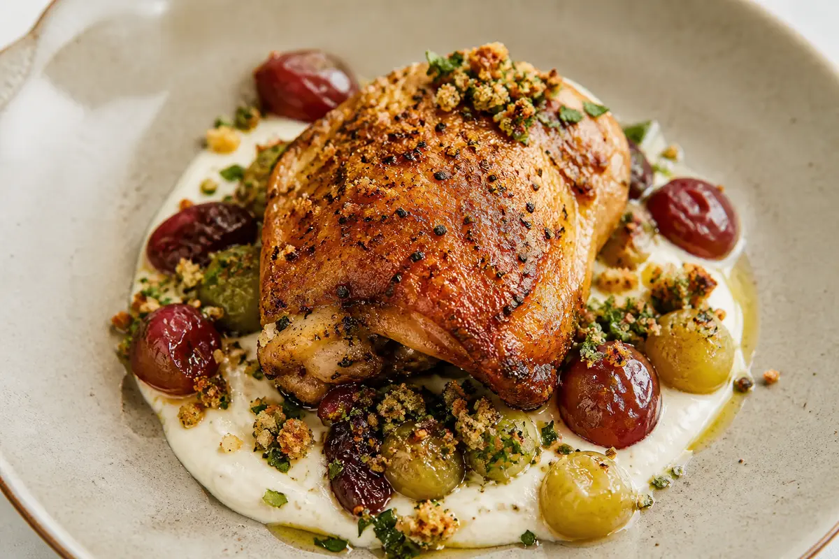 Roasted Chicken with White Garlic Cream, Sautéed Grapes, and Crispy Herb Crumbs