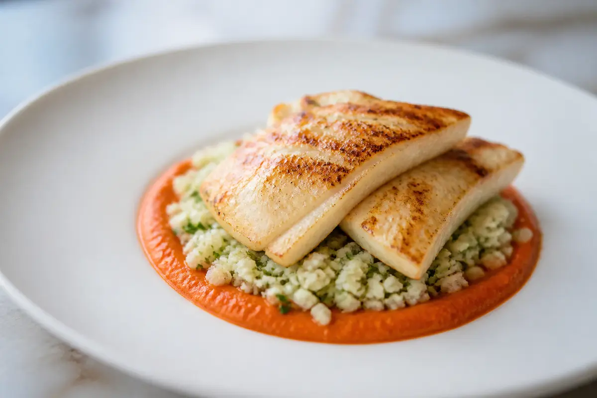 Merluza Dorada con Crema de Pimiento Piquillo y Arroz de Coliflor al Perejil