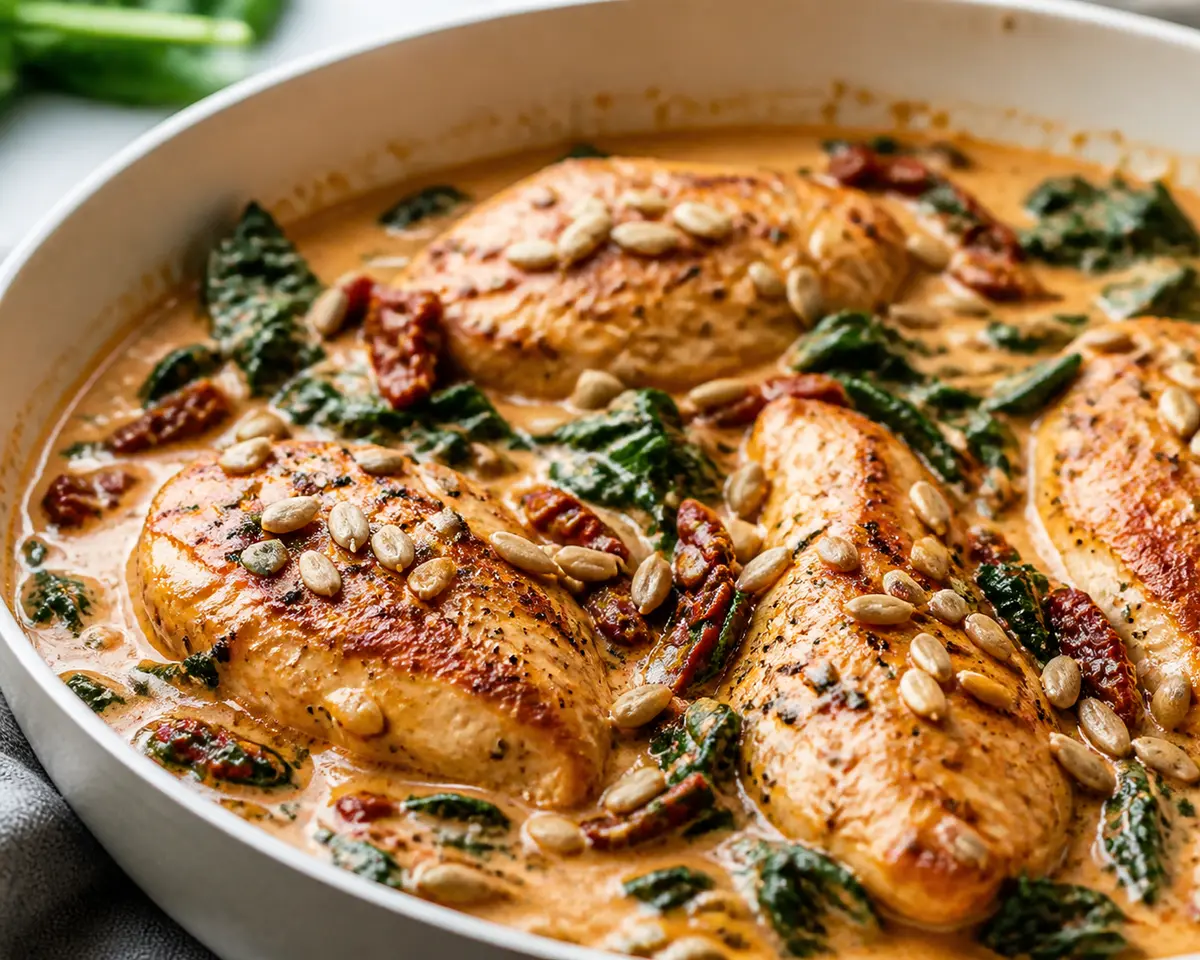Keto Chicken Skillet with Sun-Dried Tomato Cream, Kale, and Sunflower Seeds