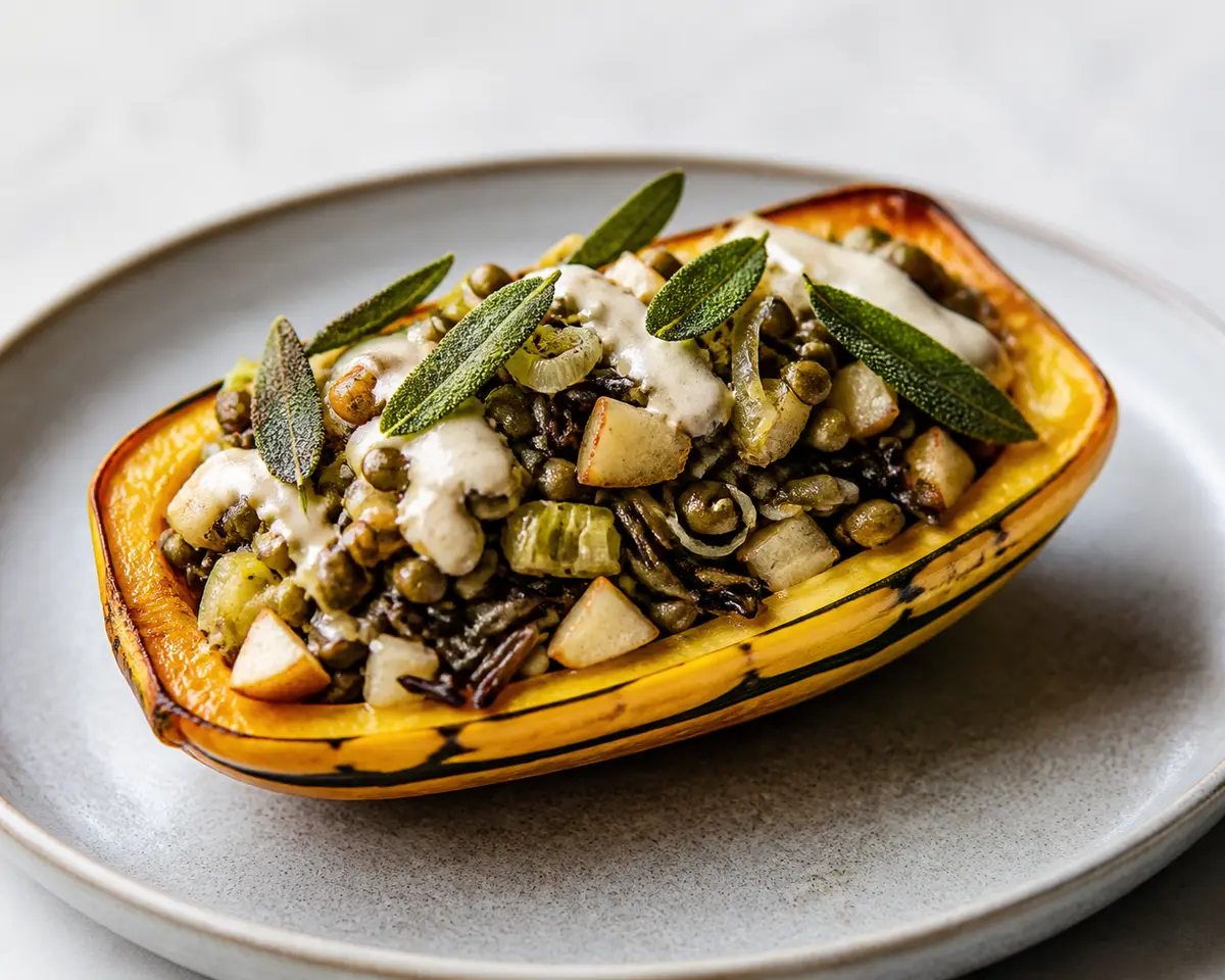 Delicata squash stuffed with wild rice, lentils, and pear with white miso cream and crispy sage