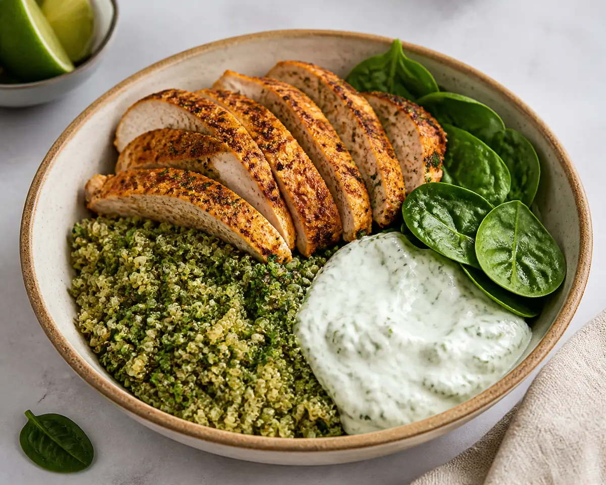 Tazones Tibios de Pollo al Pimentón con Quinoa Verde y Salsa de Yogur, Lima y Menta