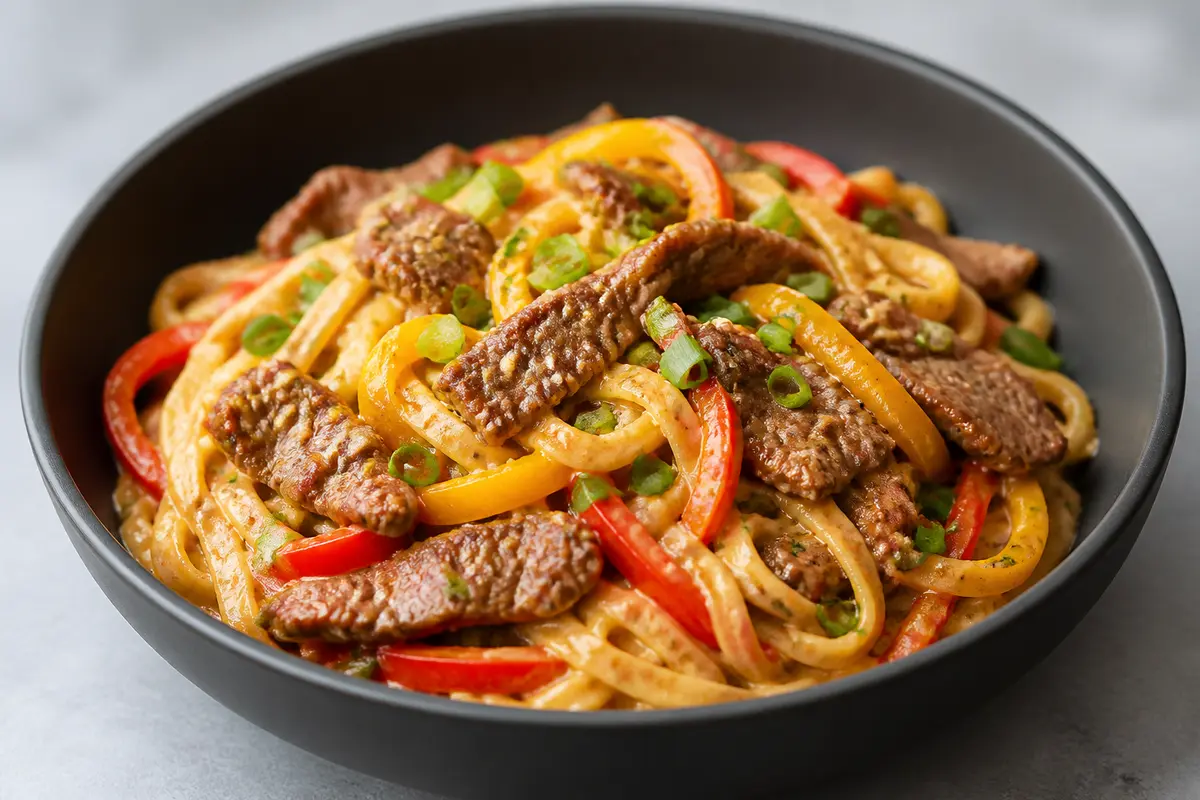 Quick Beef and Pepper Noodles with Creamy Sesame-Lime Sauce