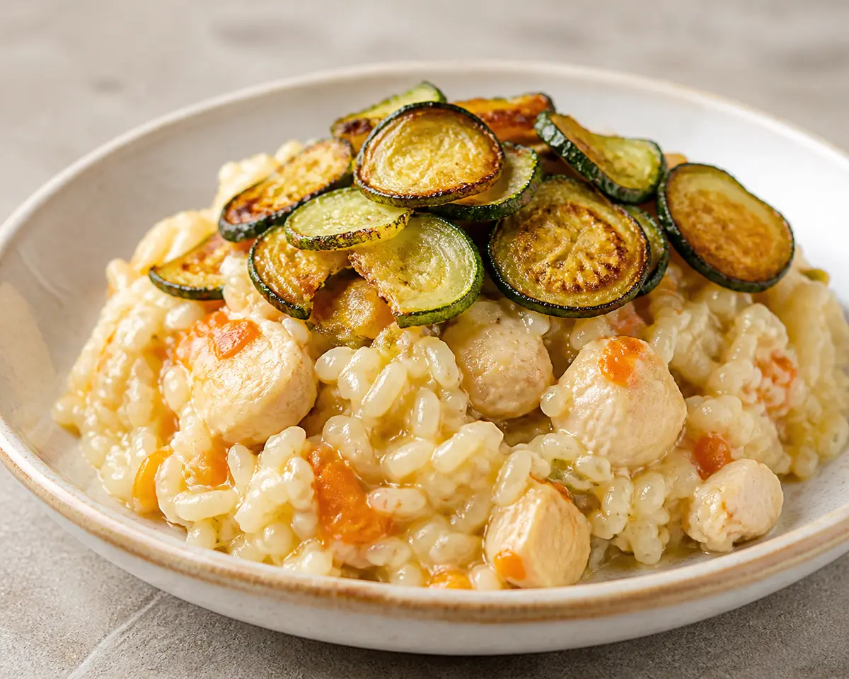 Pastel Familiar de Arroz Meloso con Pollo al Limón, Zanahoria y Costra Crujiente de Calabacín