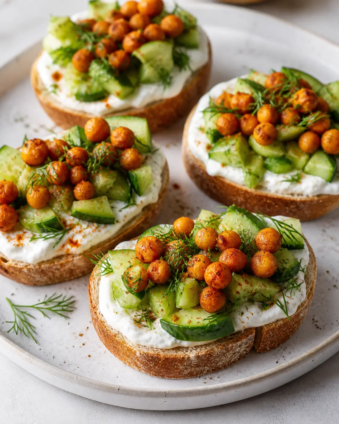 Express whipped cream cheese toasts with smashed cucumber, dill, and paprika-crisp chickpeas