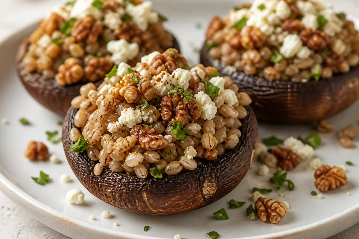 Air Fryer Stuffed Portobello Mushrooms with Creamy Farro, Goat Cheese and Spiced Walnuts