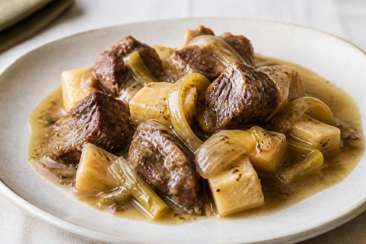 Ternera en slow cooker con apio nabo, puerro y salsa de vino blanco con estragón