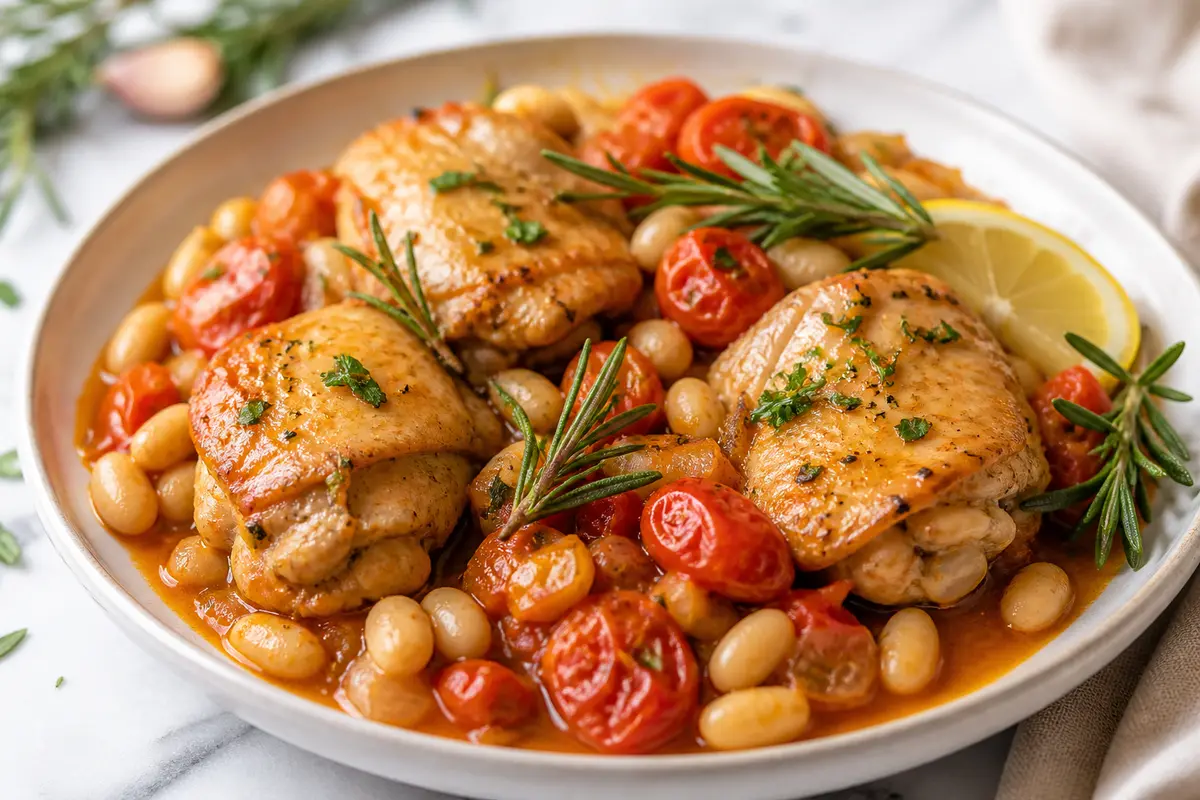 Instant Pot de pollo con salsa de tomate asado, alubias cannellini y romero limón