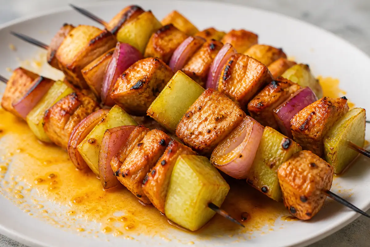 Grilled Chicken Skewers with Chayote, Red Onion, and Cascabel Chile Orange Pepita Marinade