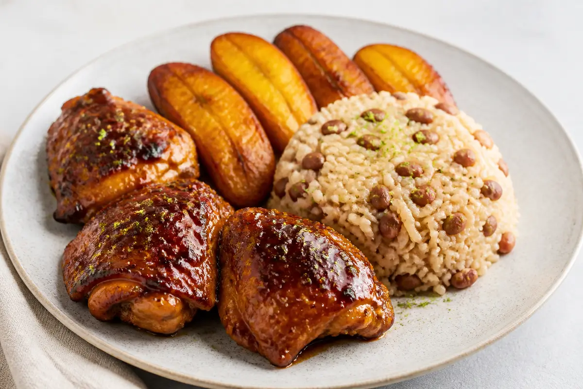 Caribbean Chicken Thighs with Cane-Citrus Marinade, Creamy Pigeon Pea Rice, and Roasted Sweet Plantain