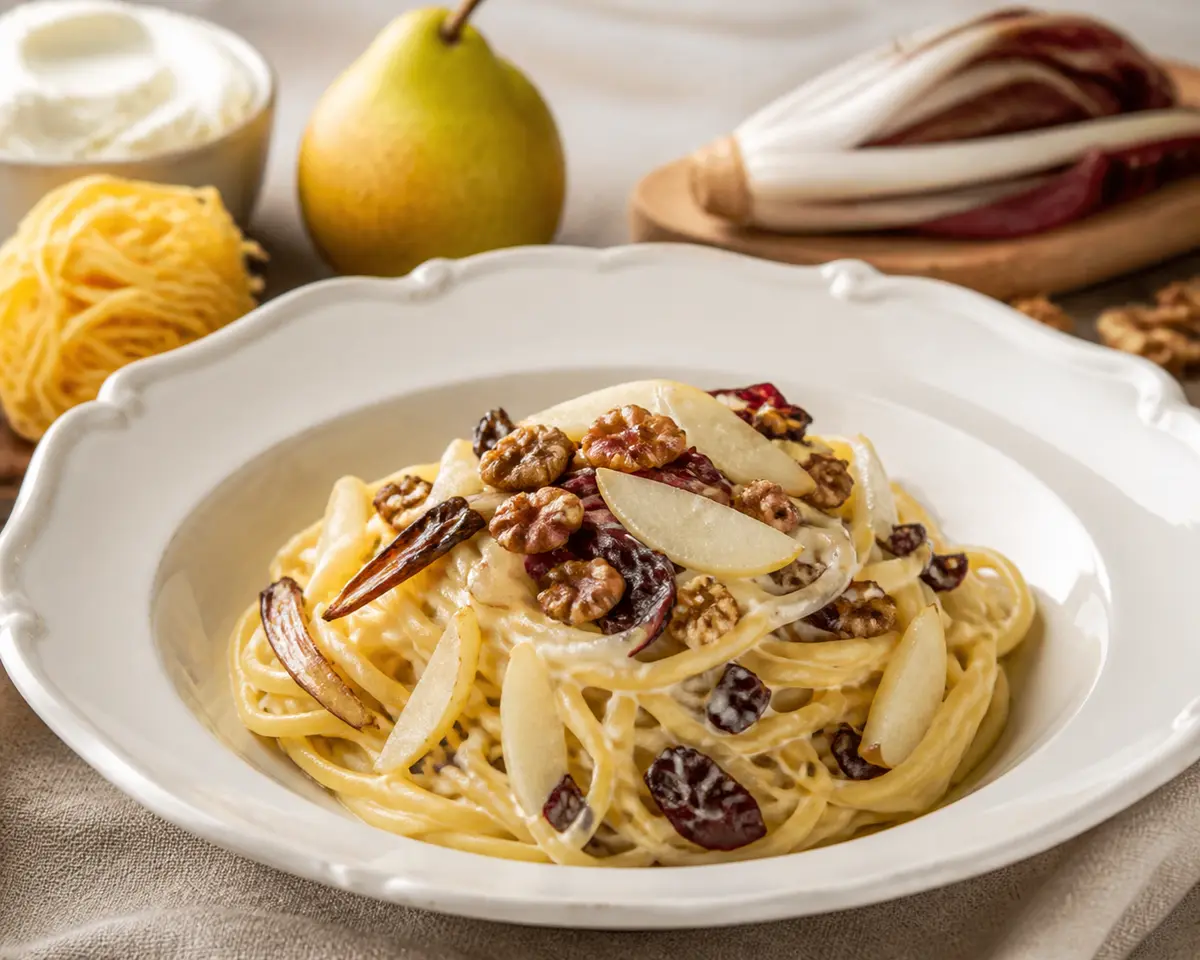 Tagliolini cremosos de mascarpone, achicoria salteada y peras al vino blanco con nuez tostada