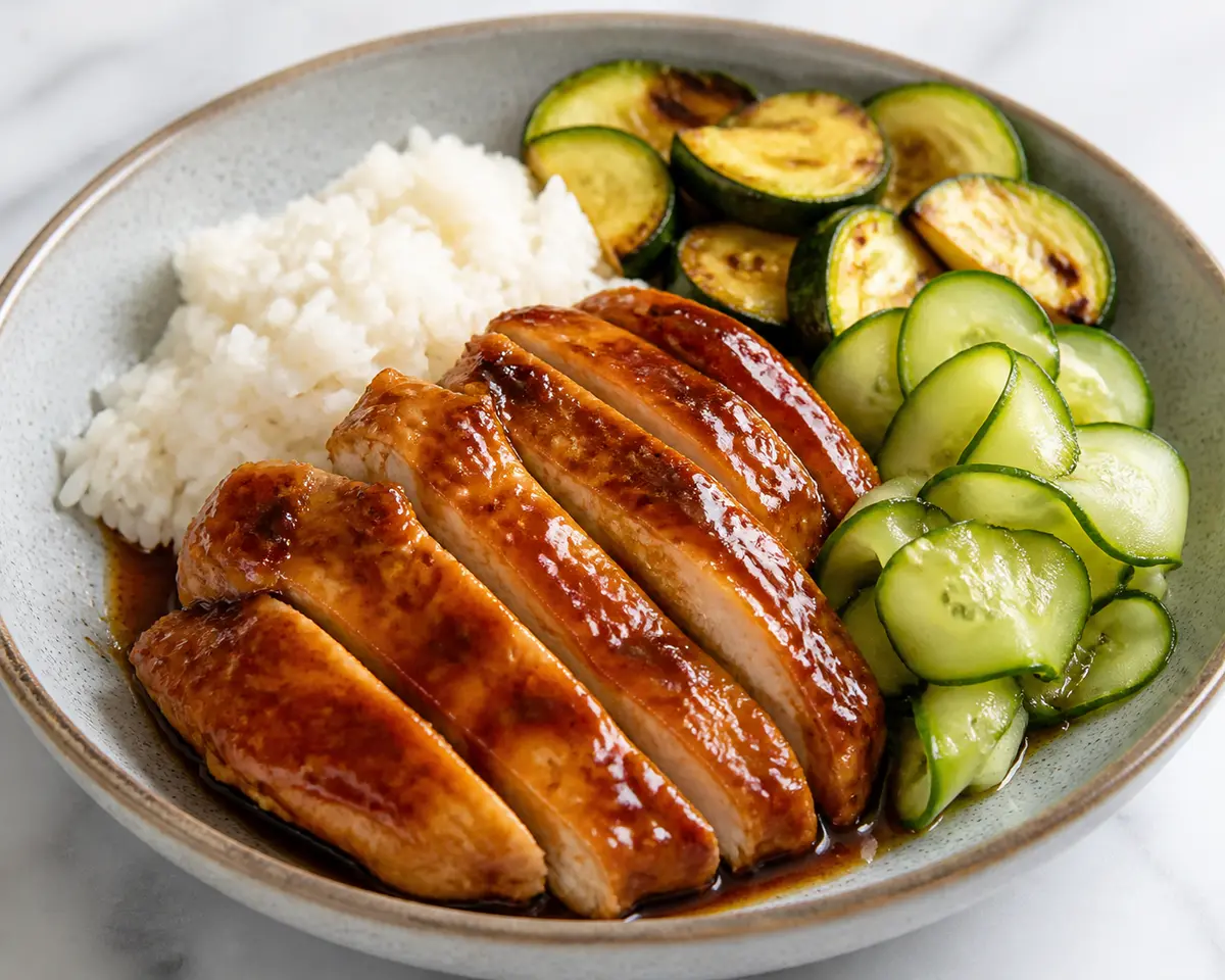 Bowl de arroz jazmín con pollo laqueado al miso de cacahuete, calabacín al wok y pepino crujiente de lima
