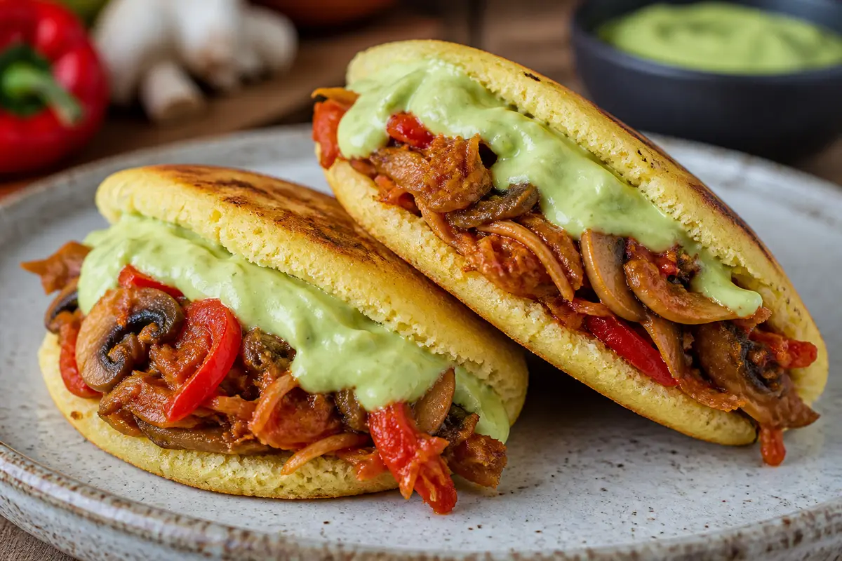 Golden Arepas with Sweet Pepper Mushroom Tinga and Lime Avocado Cream