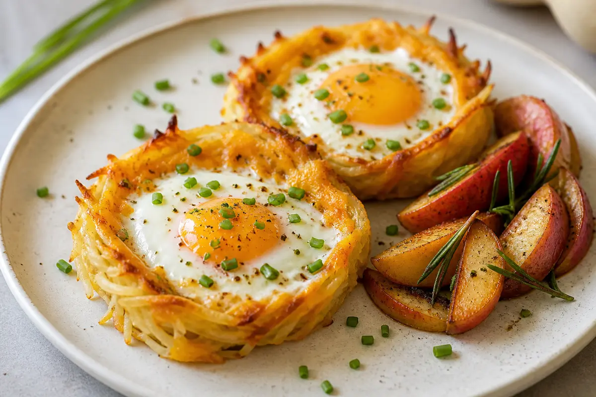 Golden Potato and Cheese Nests with Rosemary Apples and Baked Eggs