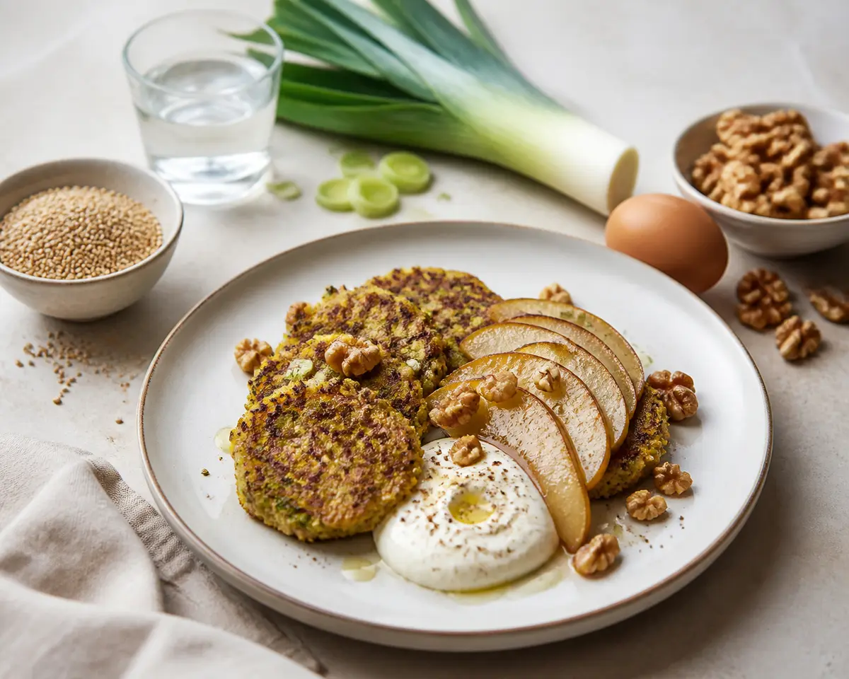 Golden Quinoa and Leek Fritters with Lemon Ricotta Cream, Sautéed Pear, and Crunchy Walnut