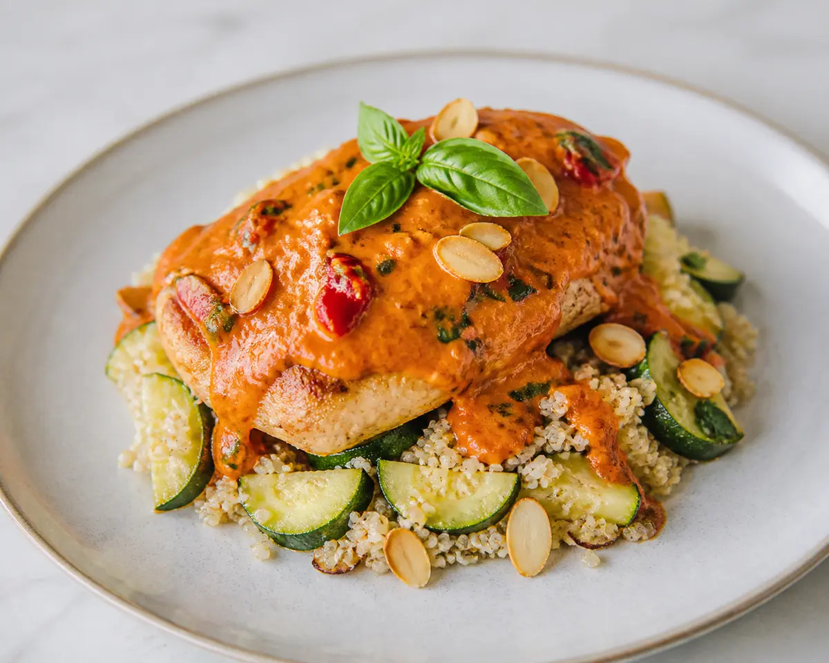 Golden Chicken with Creamy Roasted Red Pepper Basil Sauce over Lemon Quinoa with Zucchini and Toasted Almonds