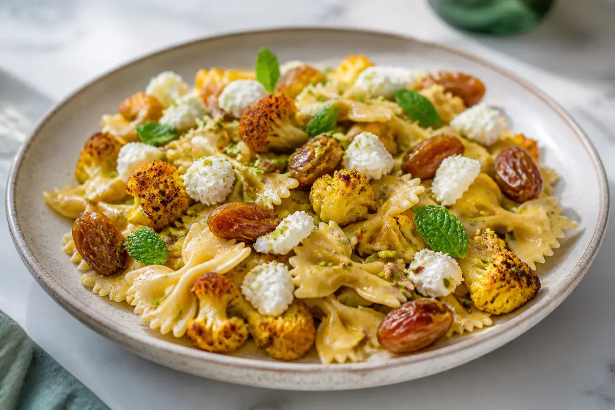 Farfalle cremosa de coliflor especiada, dátiles dorados y queso de cabra con pistacho y menta
