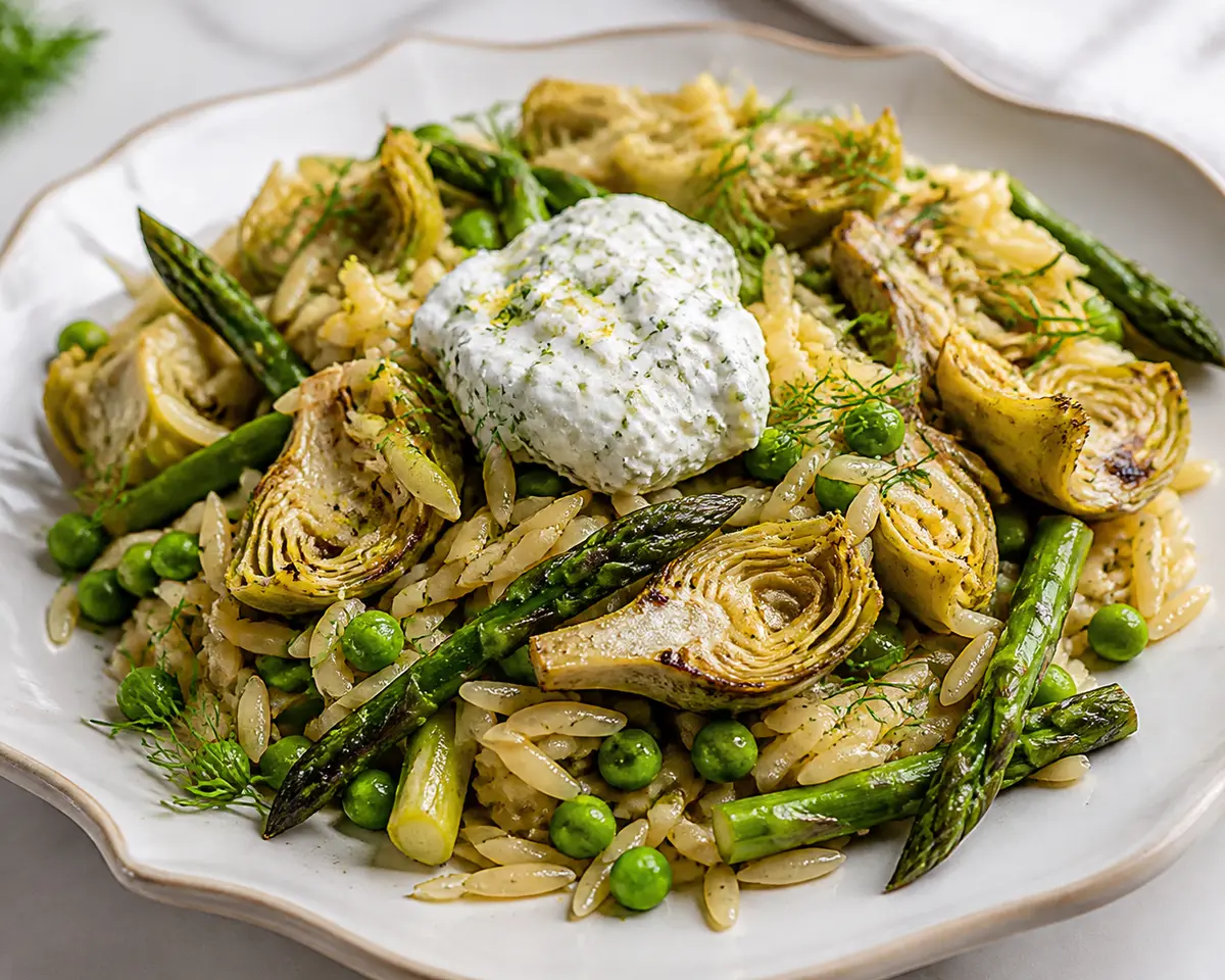 Warm Lemon Orzo Salad with Sautéed Asparagus, Seared Artichokes, and Whipped Dill Ricotta