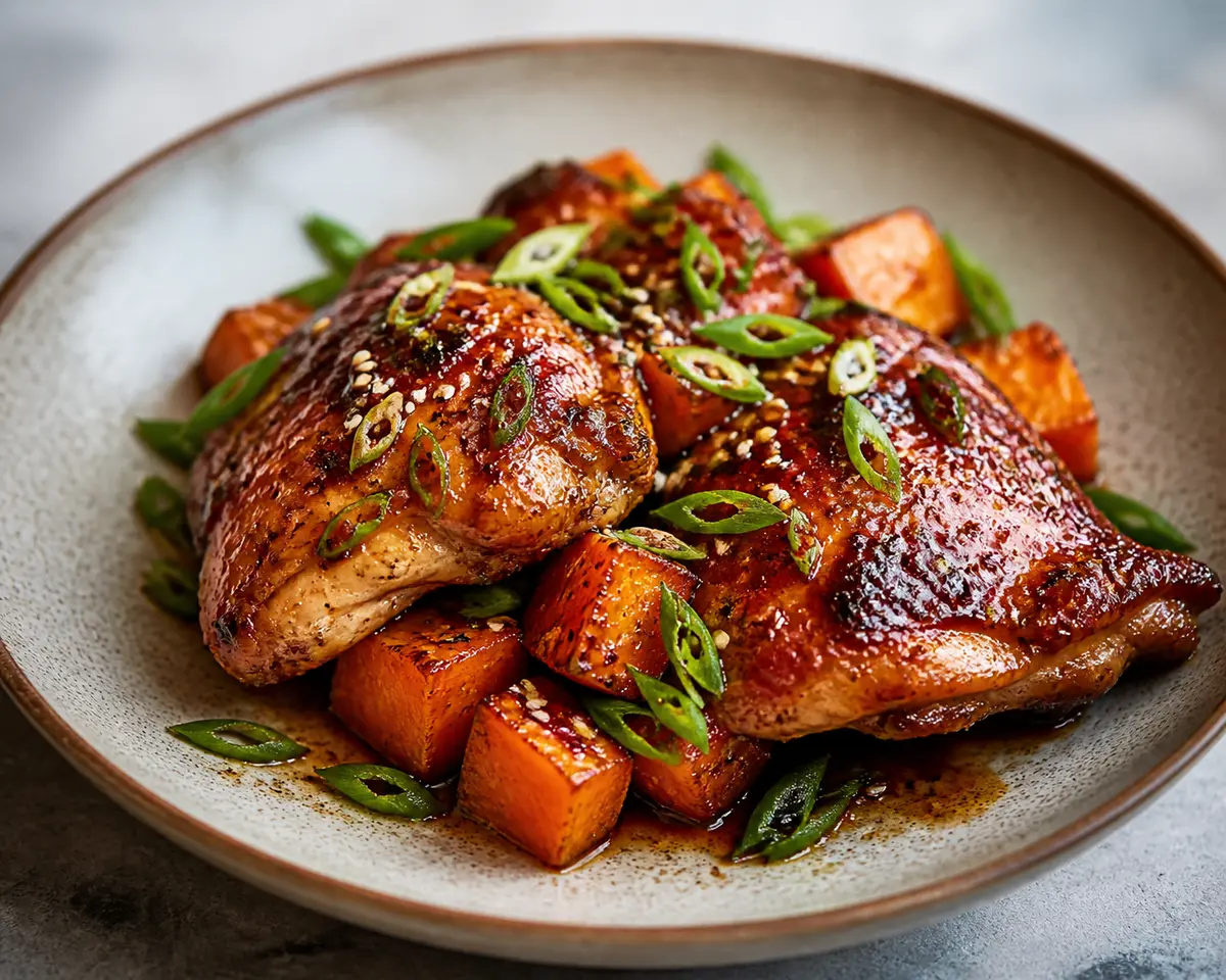 Pollo al horno con mantequilla de miso rojo, sésamo tostado y calabaza glaseada con cebolleta