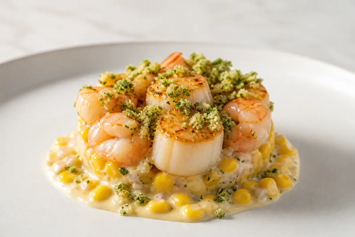 Timbal tibio de camarones y vieiras con crema de maíz al limón verde y migas crujientes de cilantro