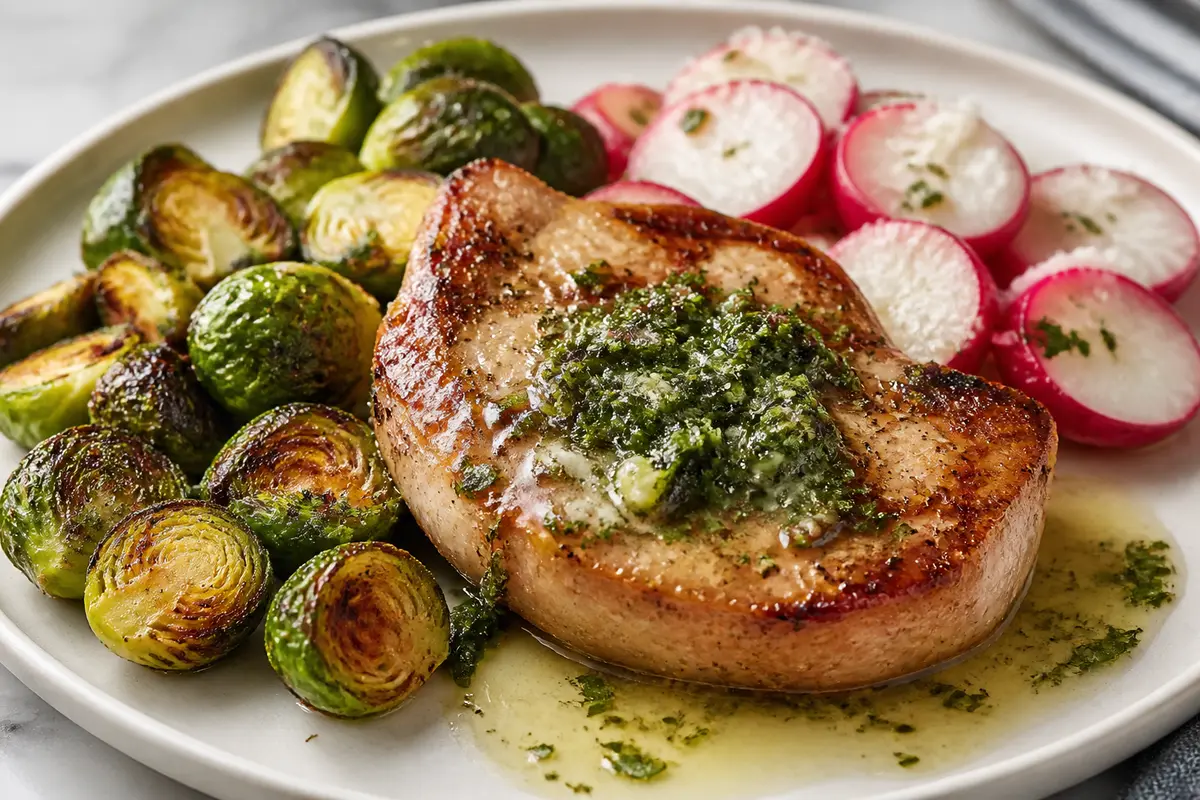 Keto Pork Skillet with Basil Butter Sauce, Brussels Sprouts and Parmesan Radishes