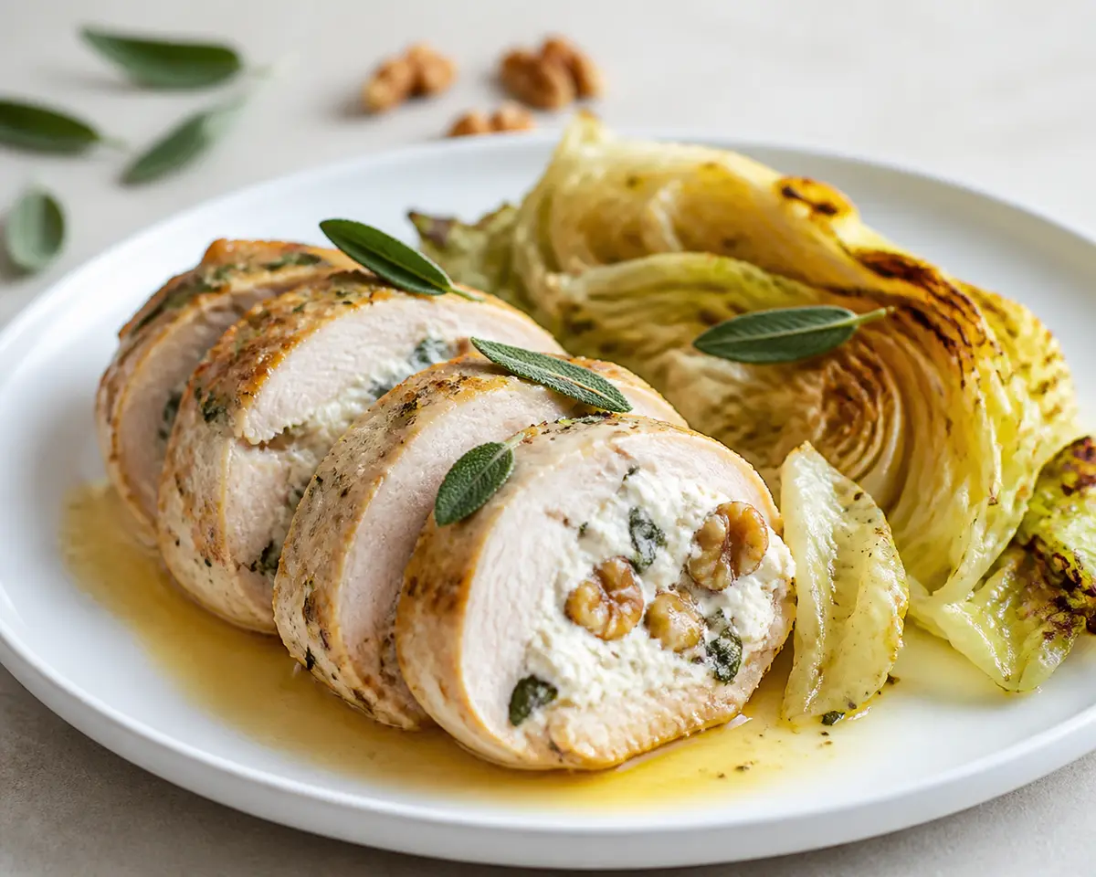 Chicken stuffed with ricotta, sage and walnut with roasted cabbage and lemon butter