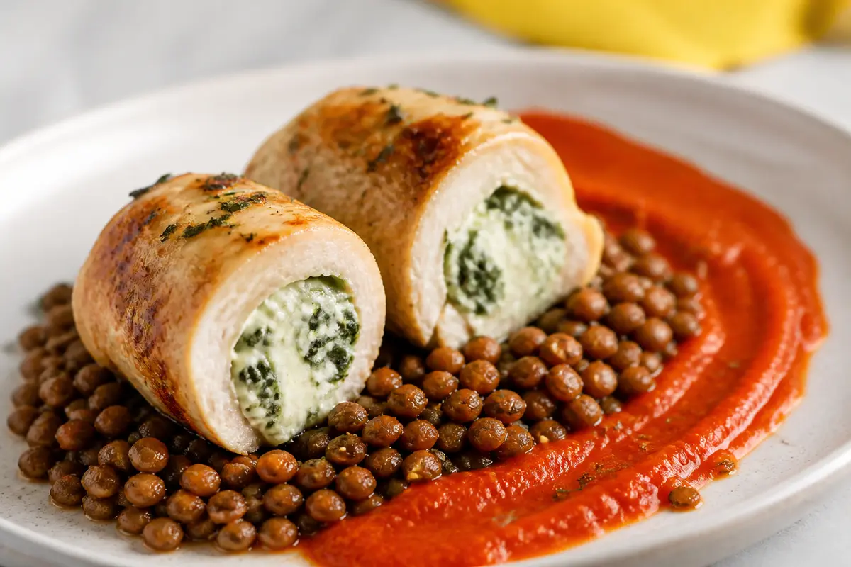 Rosemary Turkey Rolls with Ricotta Center, Crispy Lentils and Roasted Pepper Sauce