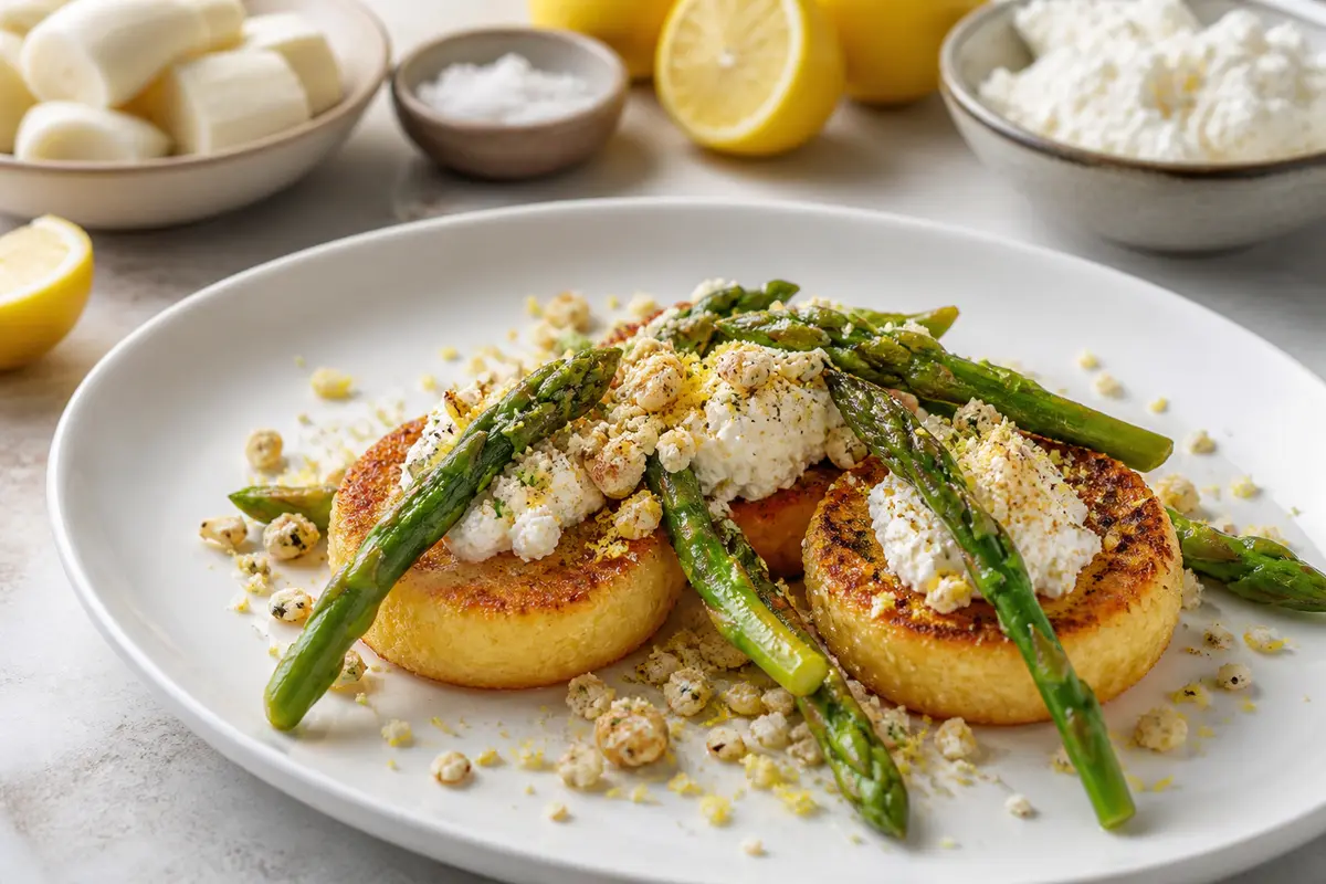 Golden Cassava Cakes with Citrus Ricotta, Sautéed Asparagus and Almond Crumbs