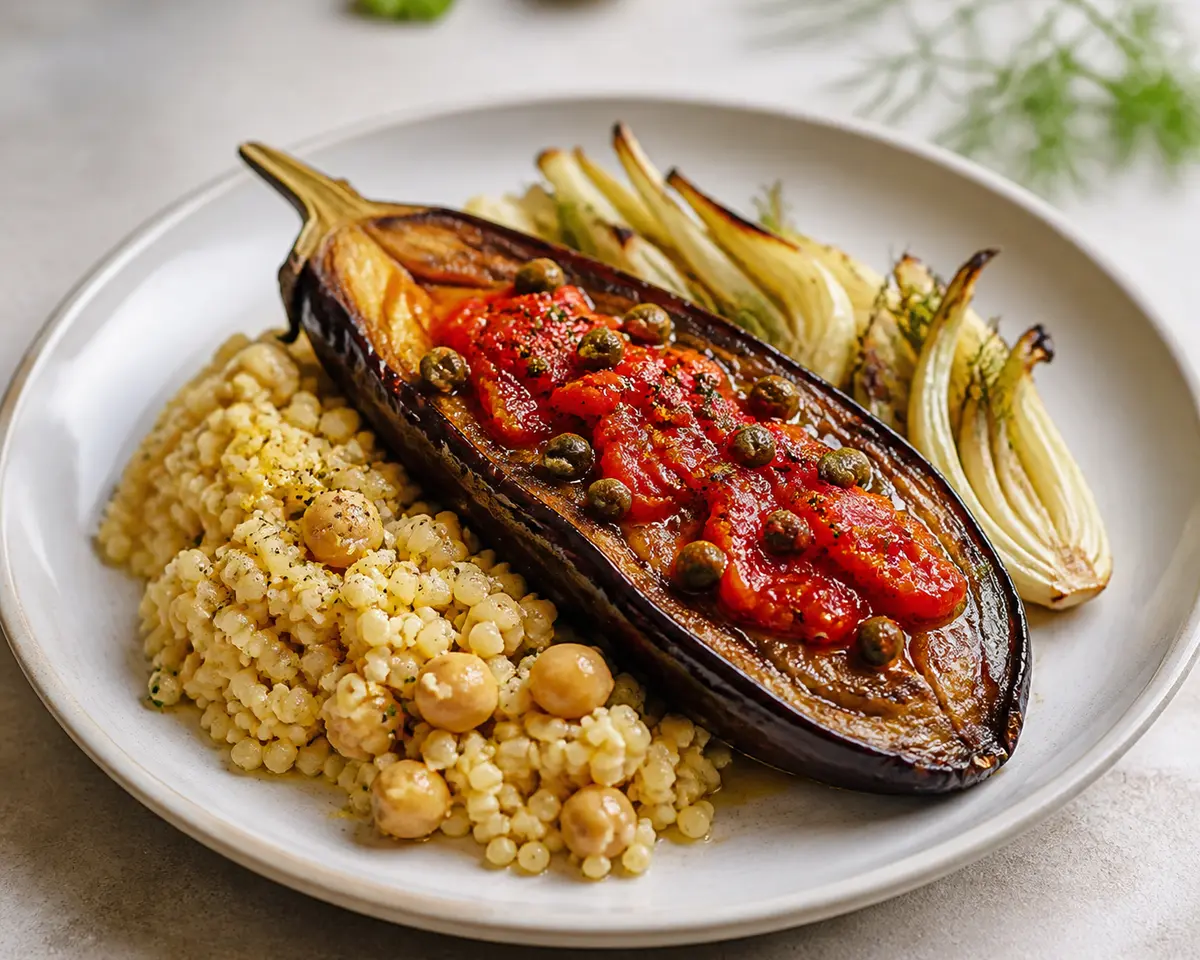 Berenjenas asadas con cuscús de garbanzo al limón, hinojo tostado y salsa de pimiento rojo y alcaparras
