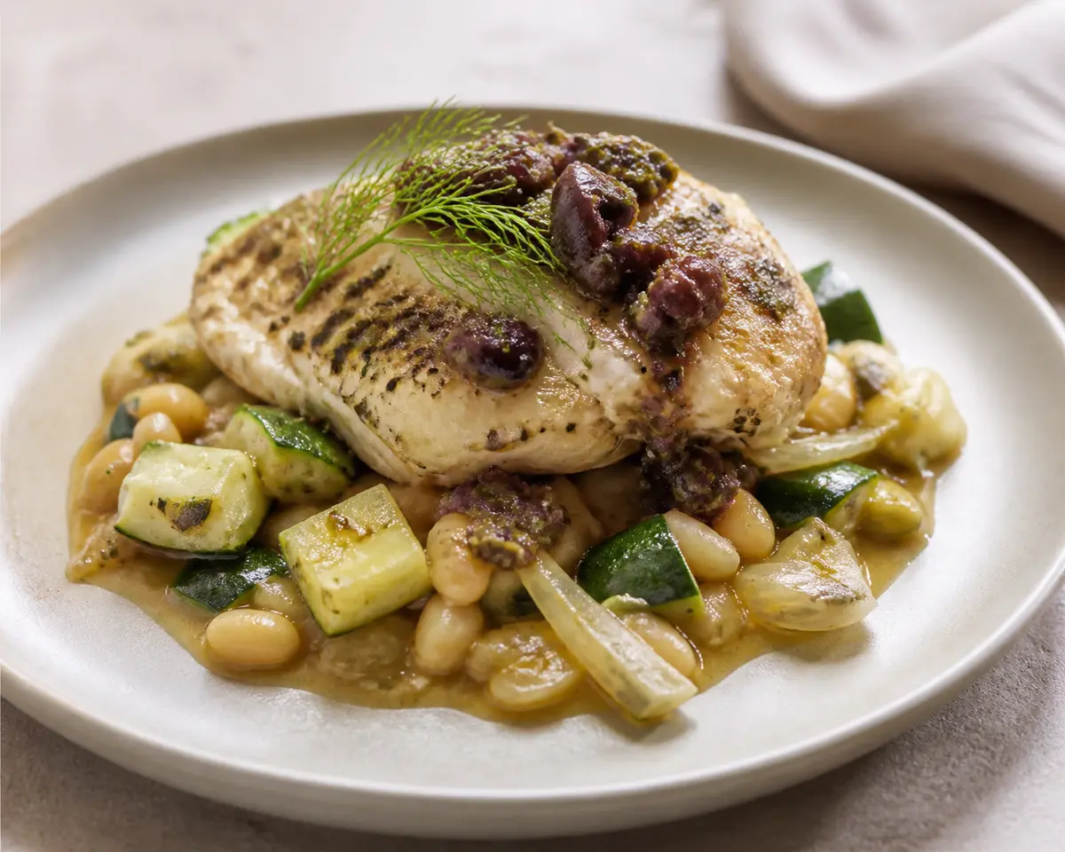 Pollo al orégano y aceituna sobre ragú de calabacín, hinojo y alubias blancas