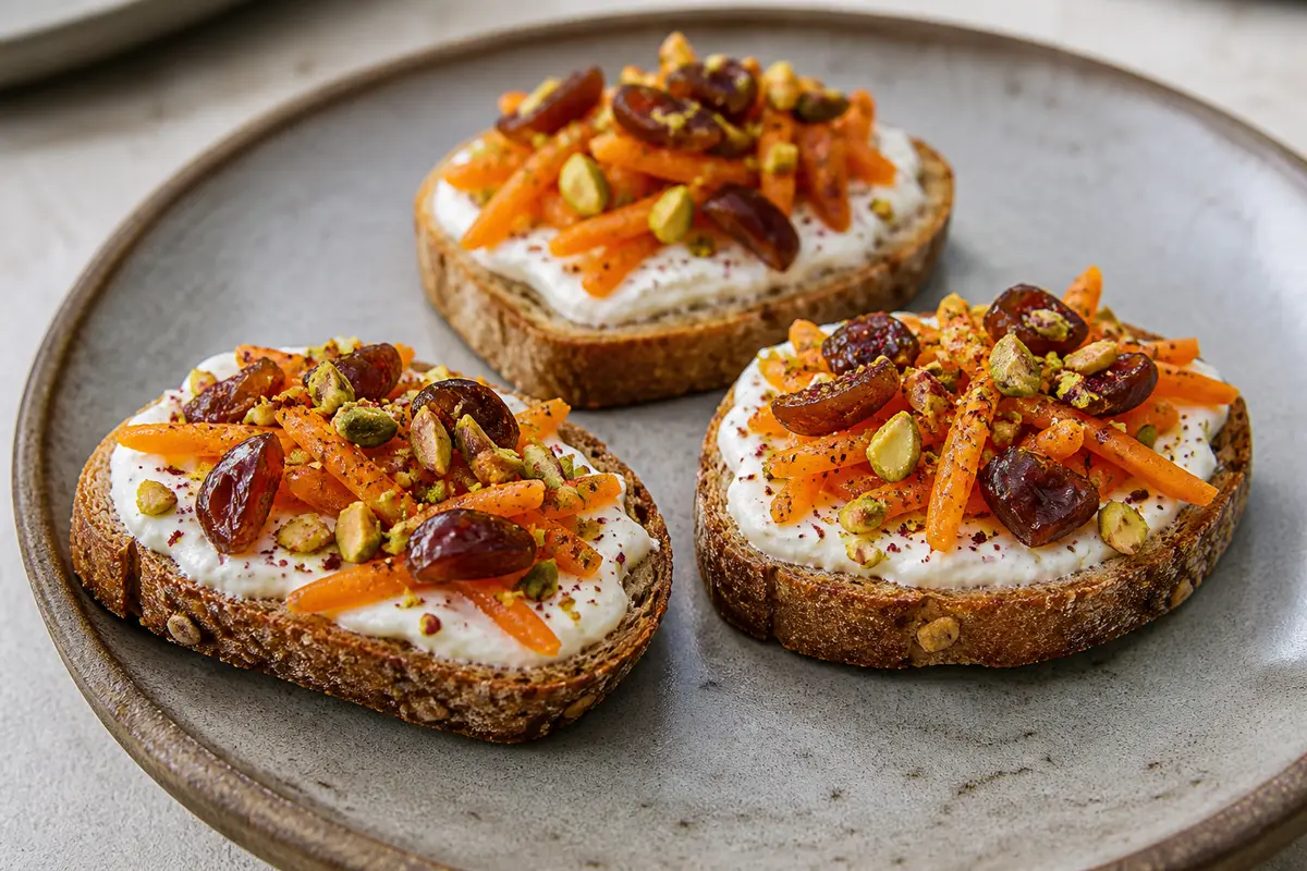 Express labneh toasts with citrus carrot, dates, and sumac pistachio