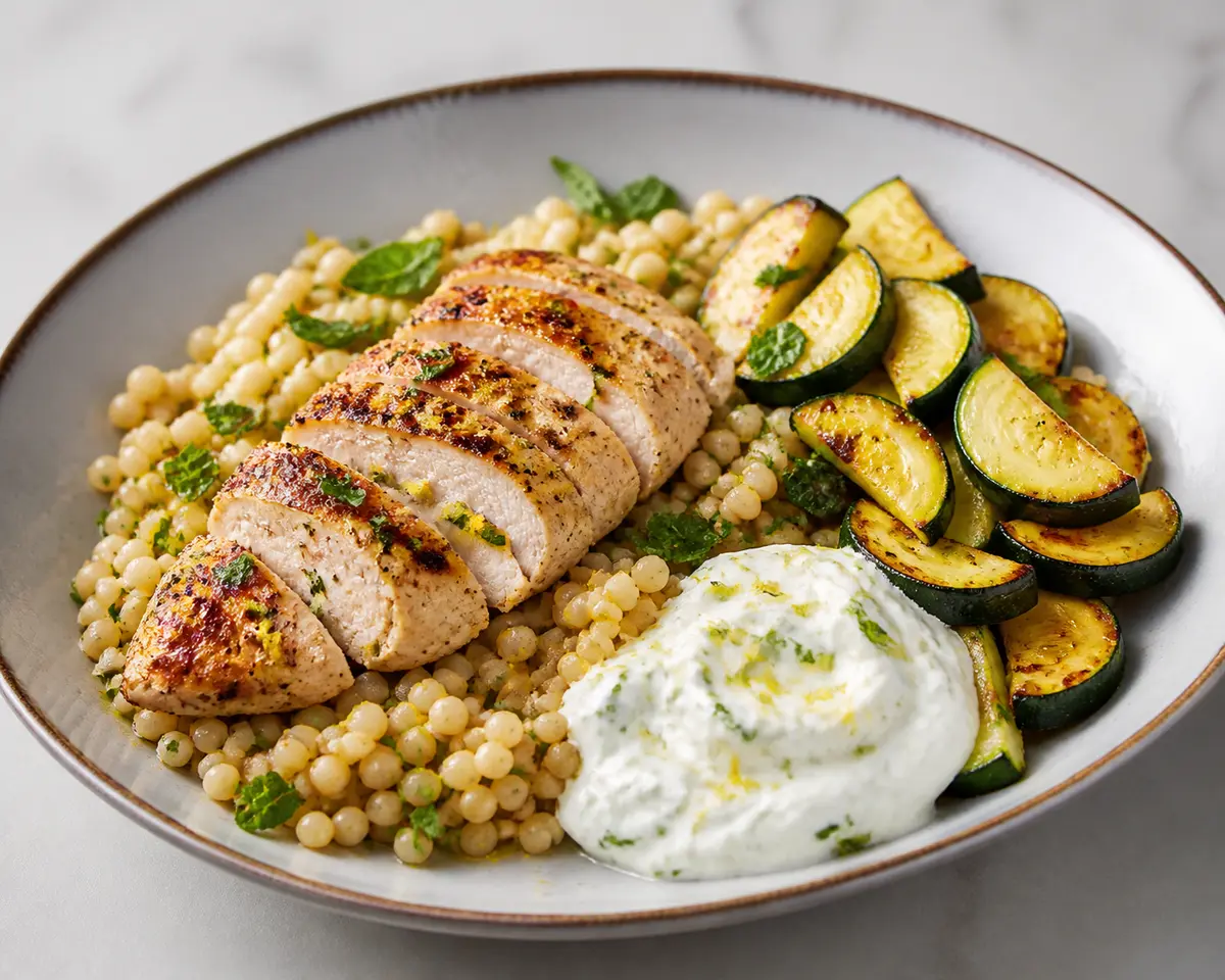 Quick Pearl Couscous with Lemon Chicken, Seared Zucchini and Herbed Yogurt