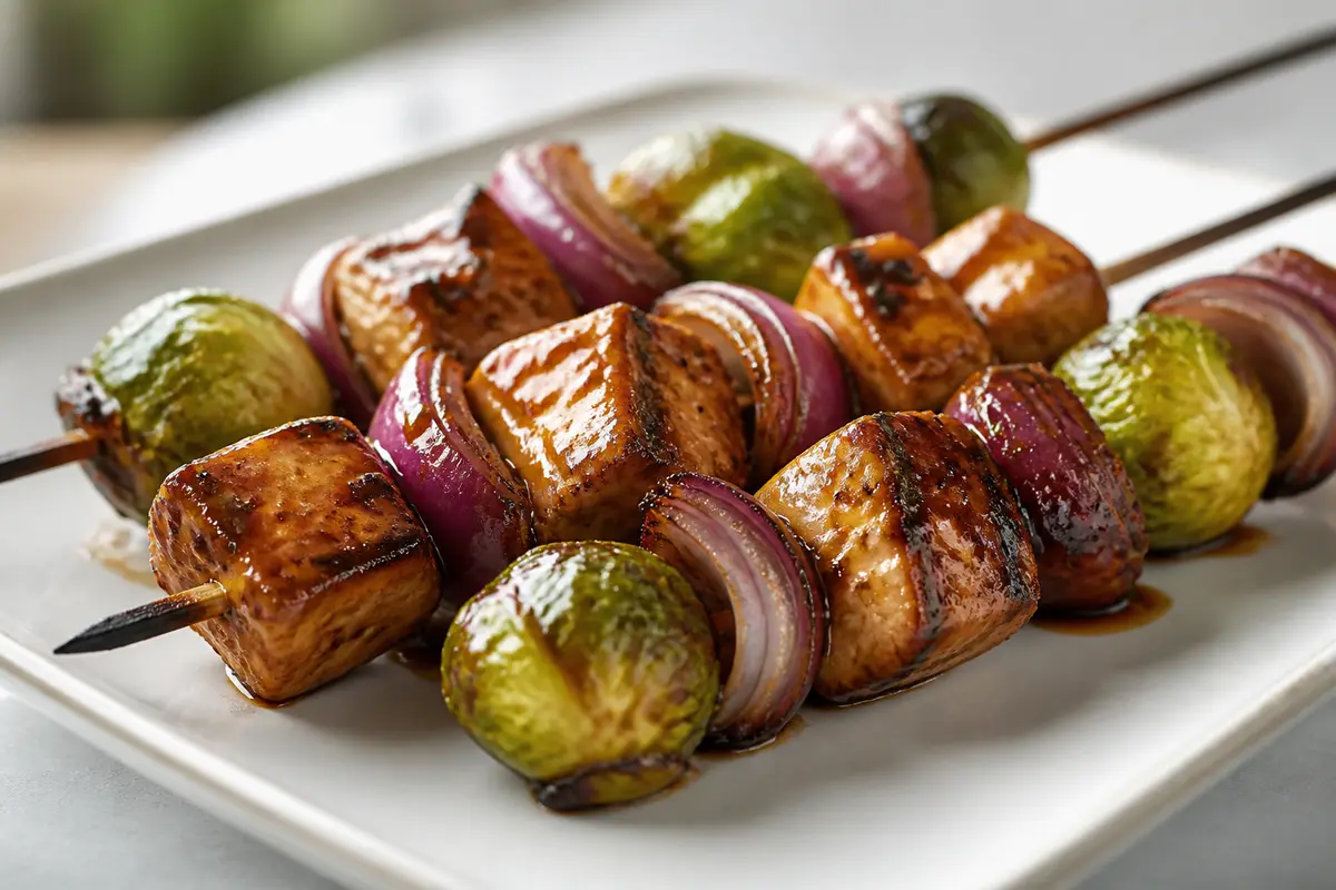 Grilled Pork Skewers with Brussels Sprouts, Red Onion, and Apricot-Ancho-Sherry Glaze