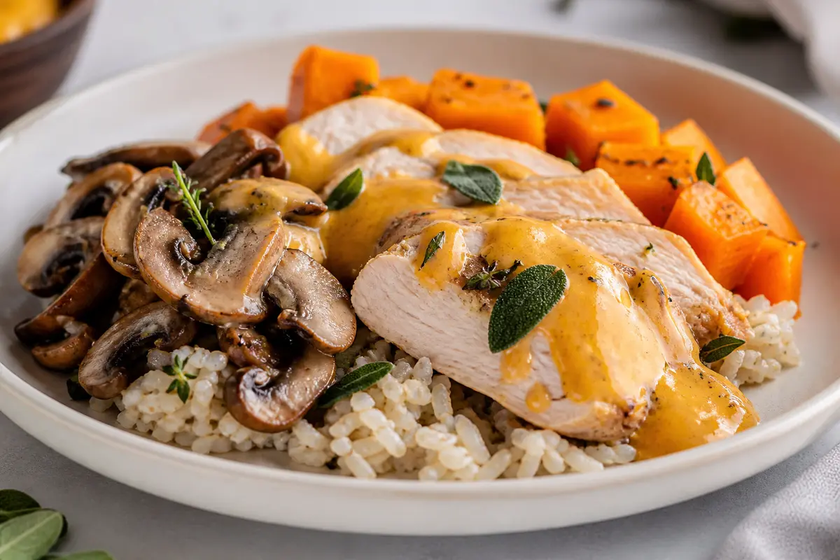 Instant Pot Turkey with Creamy Roasted Pumpkin Sauce, Sage, Mushrooms, and Brown Rice