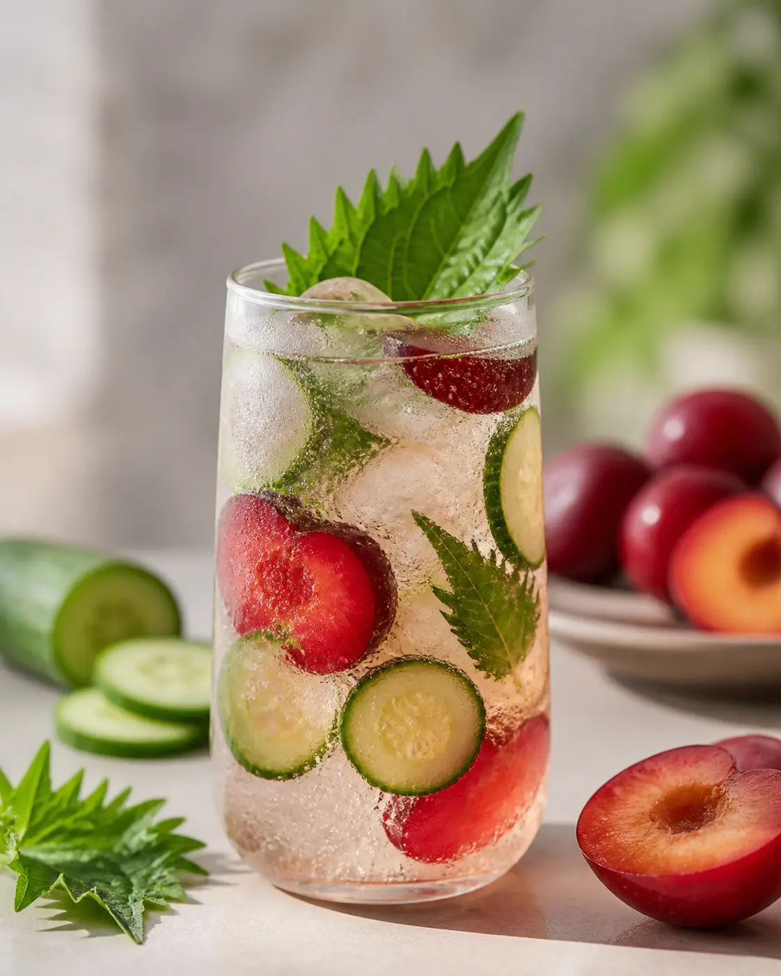 Bebida fría de ciruela roja, pepino y shiso con soda de limón