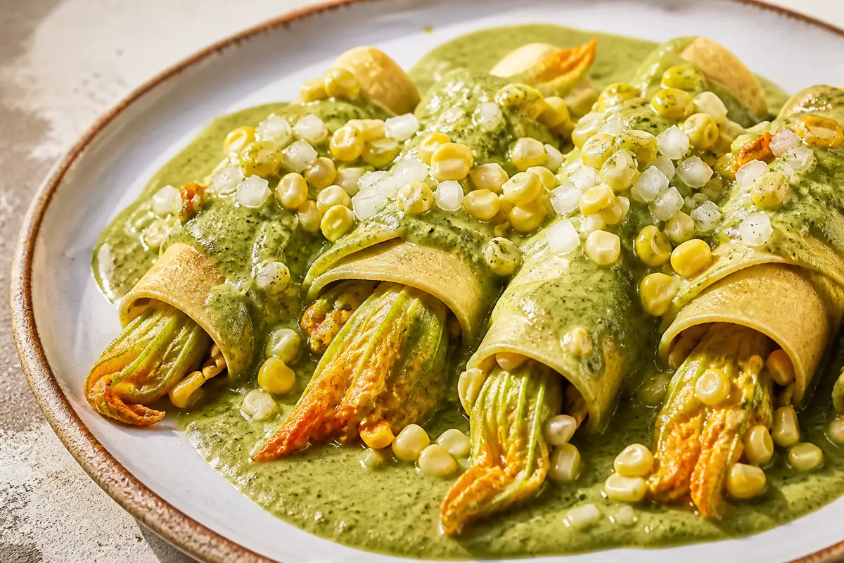 Squash Blossom and Corn Enchiladas with Creamy Roasted Poblano Sauce