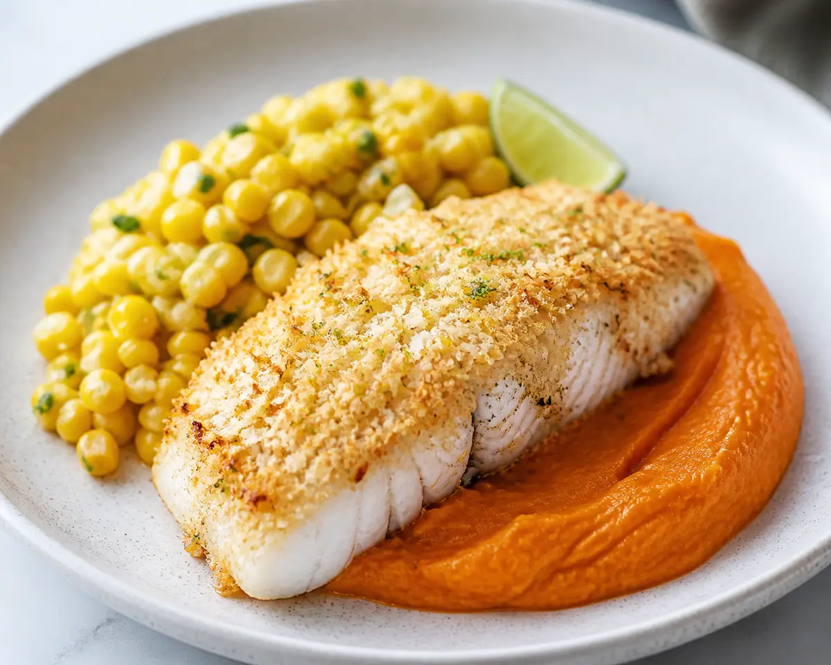 Filete de Pescado Caribeño con Costra de Coco y Lima, Puré Suave de Batata y Ensalada Tibia de Maíz