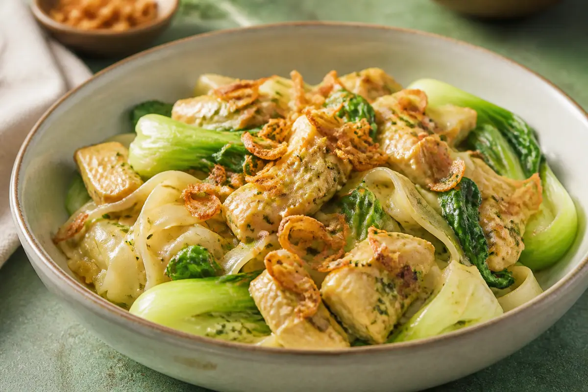 Fideos de arroz al pollo con salsa de coco tostado, lima y hierbas con bok choy y chalota crujiente