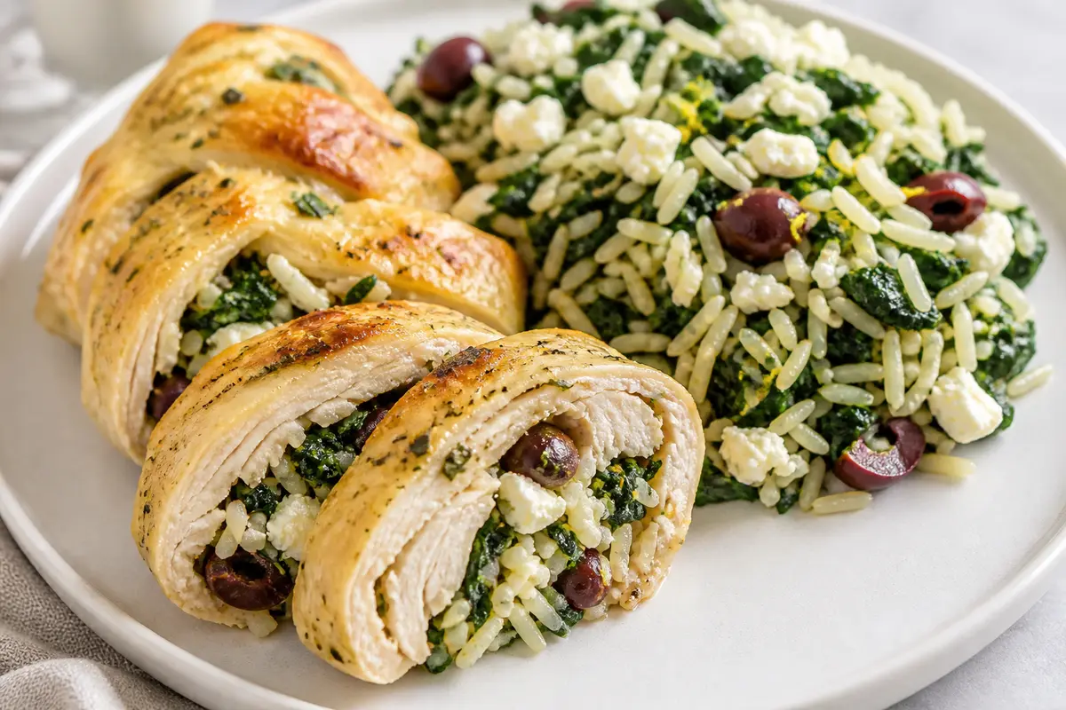 Mediterranean Lemon Chicken Braid with Spinach Rice, Olives and Feta